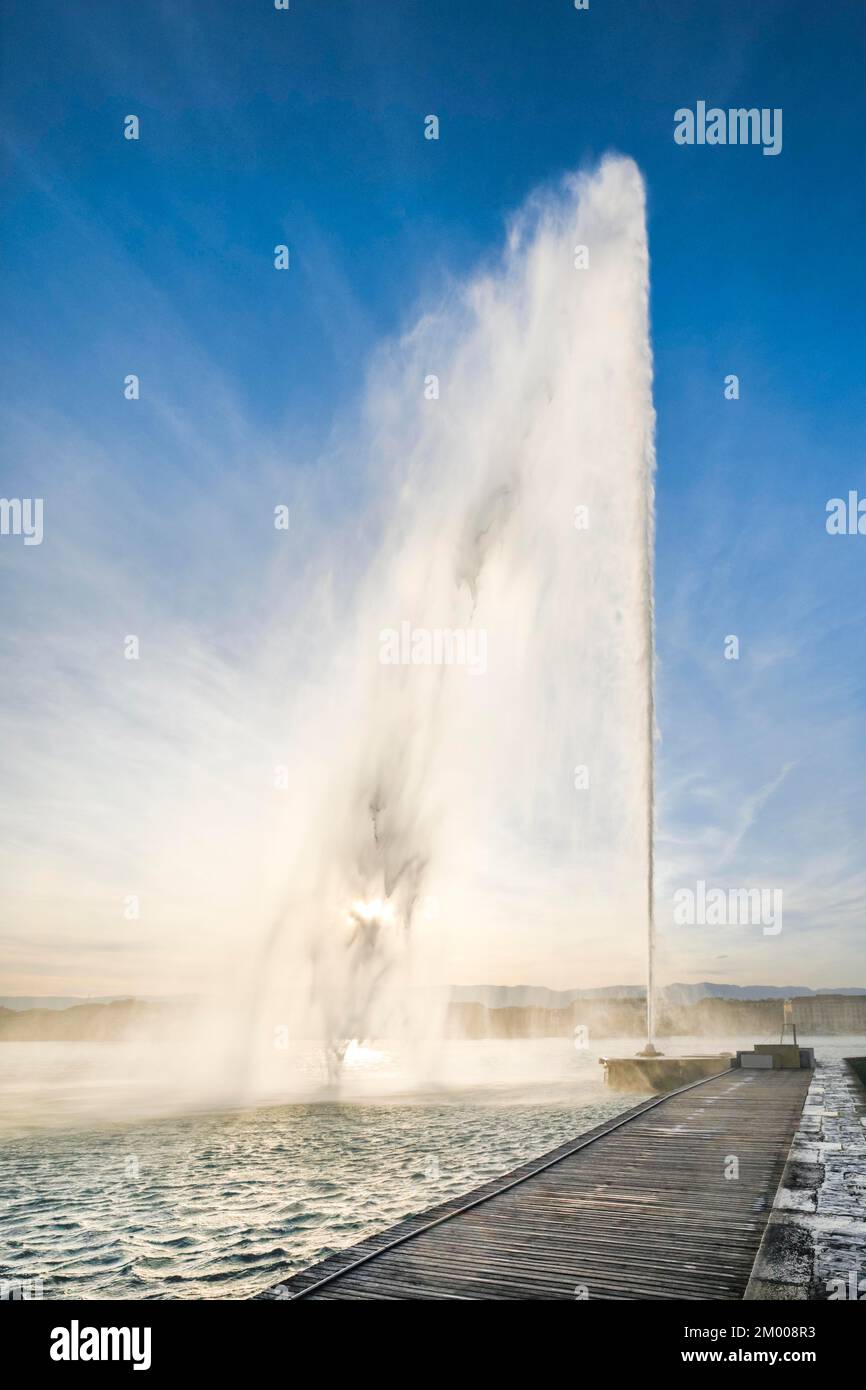 Il Jet d'eau, il punto di riferimento nel bacino del Lago di Ginevra, nella retroilluminazione, Cantone di Ginevra, Svizzera, Europa Foto Stock
