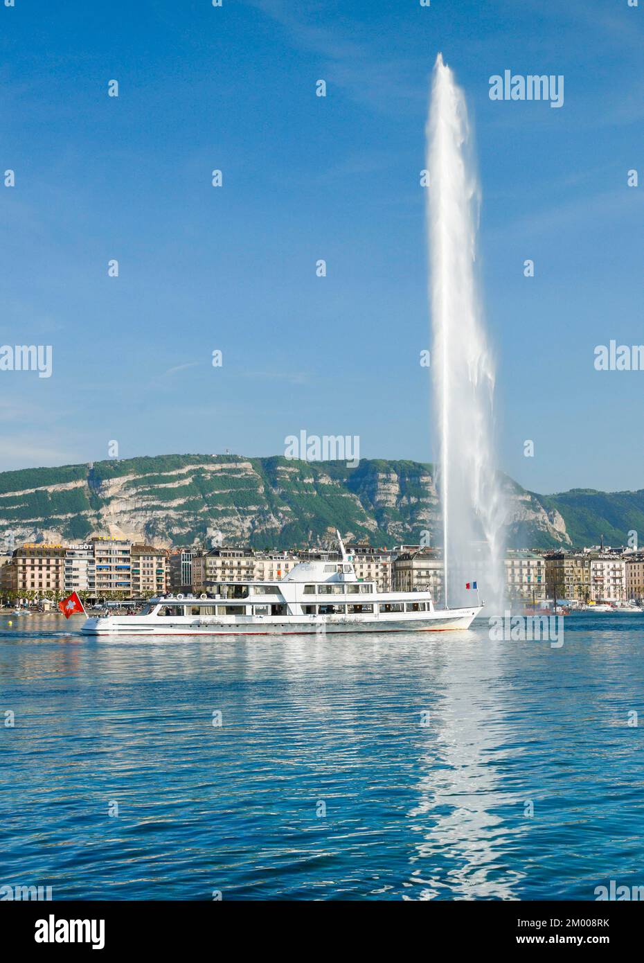 Il Jet d'eau, il punto di riferimento nel bacino del Lago di Ginevra, Cantone di Ginevra, Svizzera, Europa Foto Stock