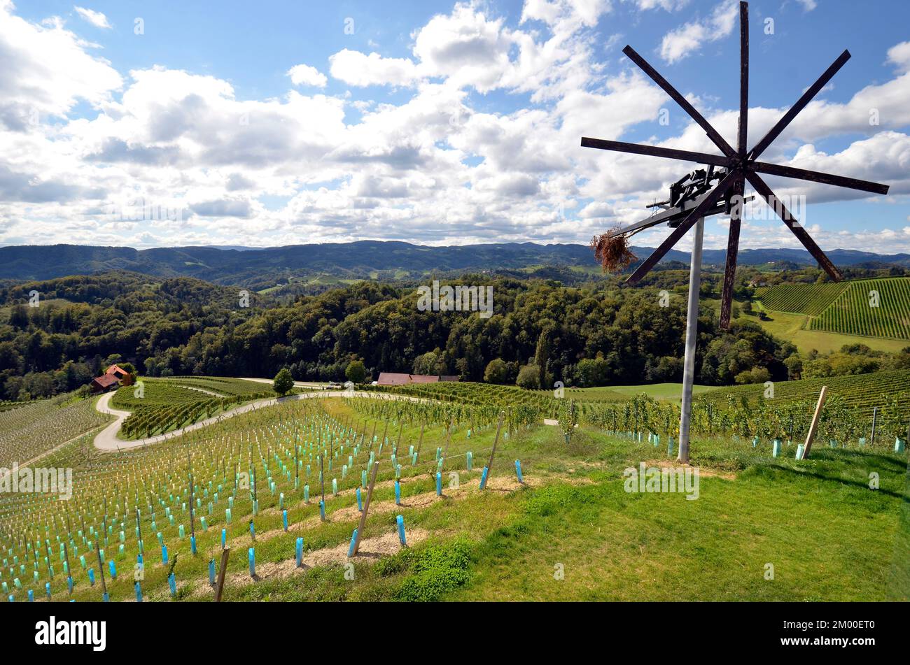 Slovenia, paesaggio con klapotetz e vigneti sulla cosiddetta Herzerlstrasse, una destinazione popolare proprio sul confine austriaco-sloveno, nuovo pl Foto Stock