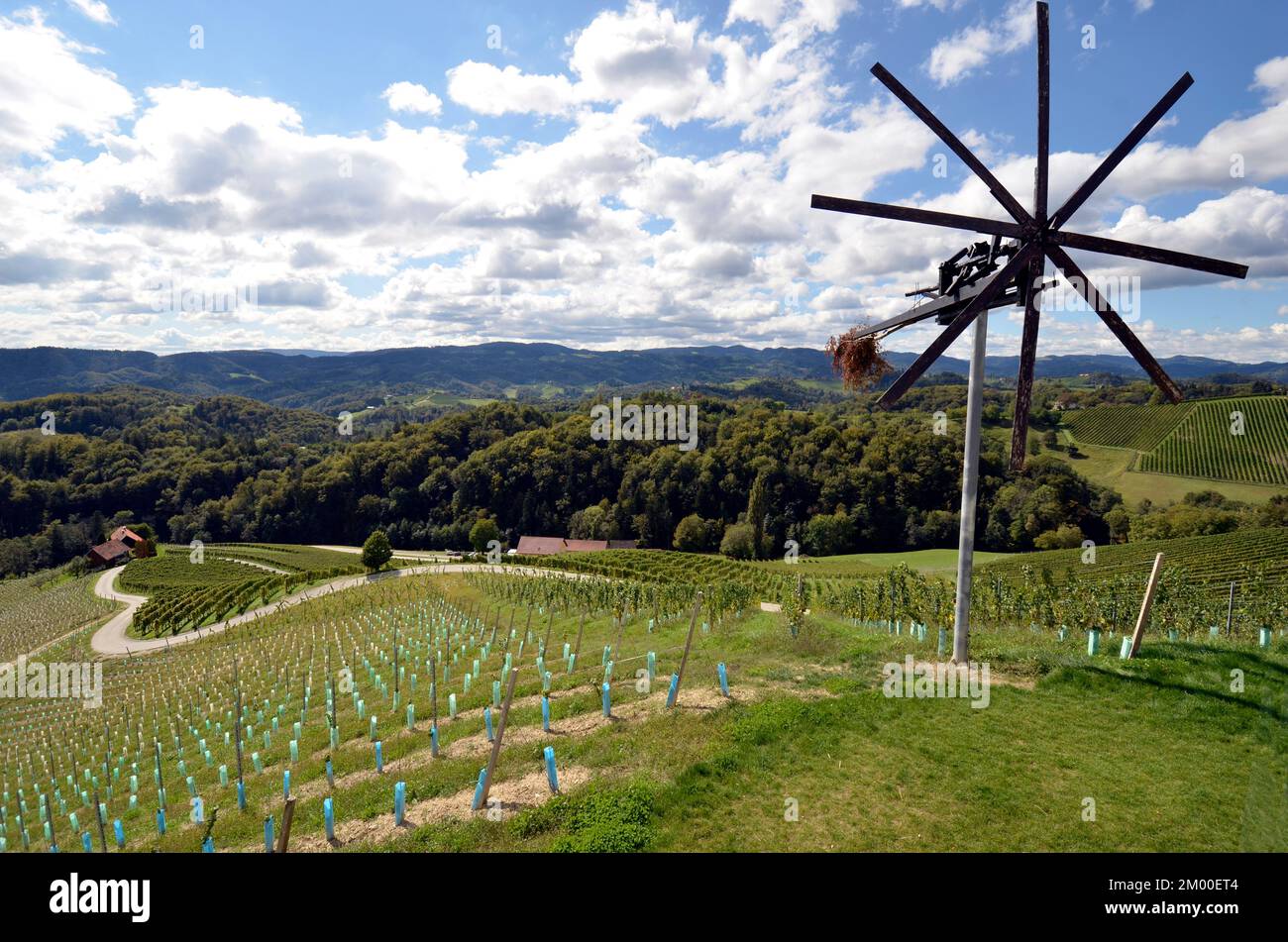Slovenia, paesaggio con klapotetz e vigneti sulla cosiddetta Herzerlstrasse, una destinazione popolare proprio al confine tra Austria e Slovenia Foto Stock