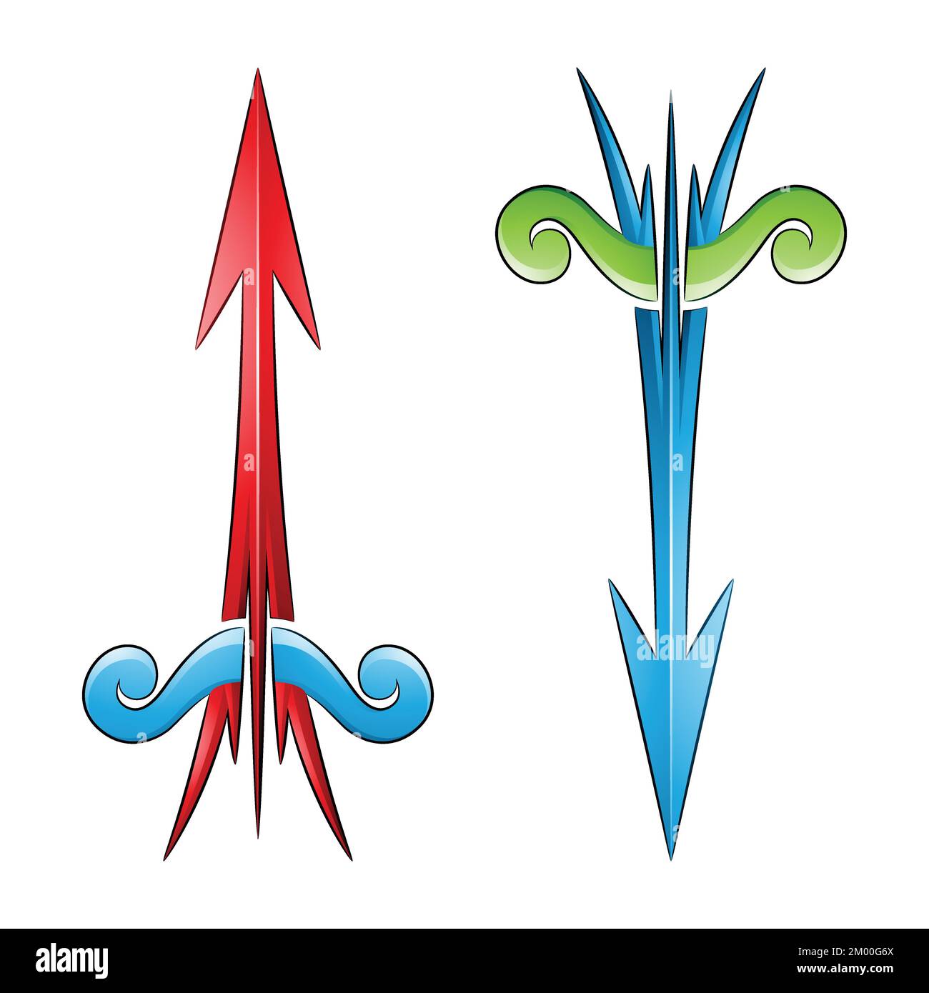 Illustrazione della freccia e della prua incrinate nei colori verde rosso e blu isolato su sfondo bianco Illustrazione Vettoriale
