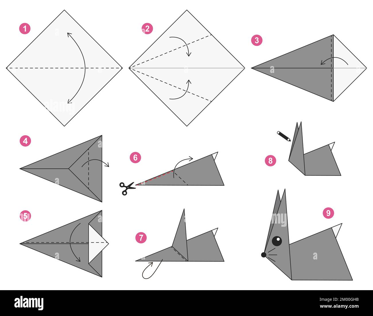 Origami tutorial per bambini. Origami coniglio carino. Illustrazione Vettoriale