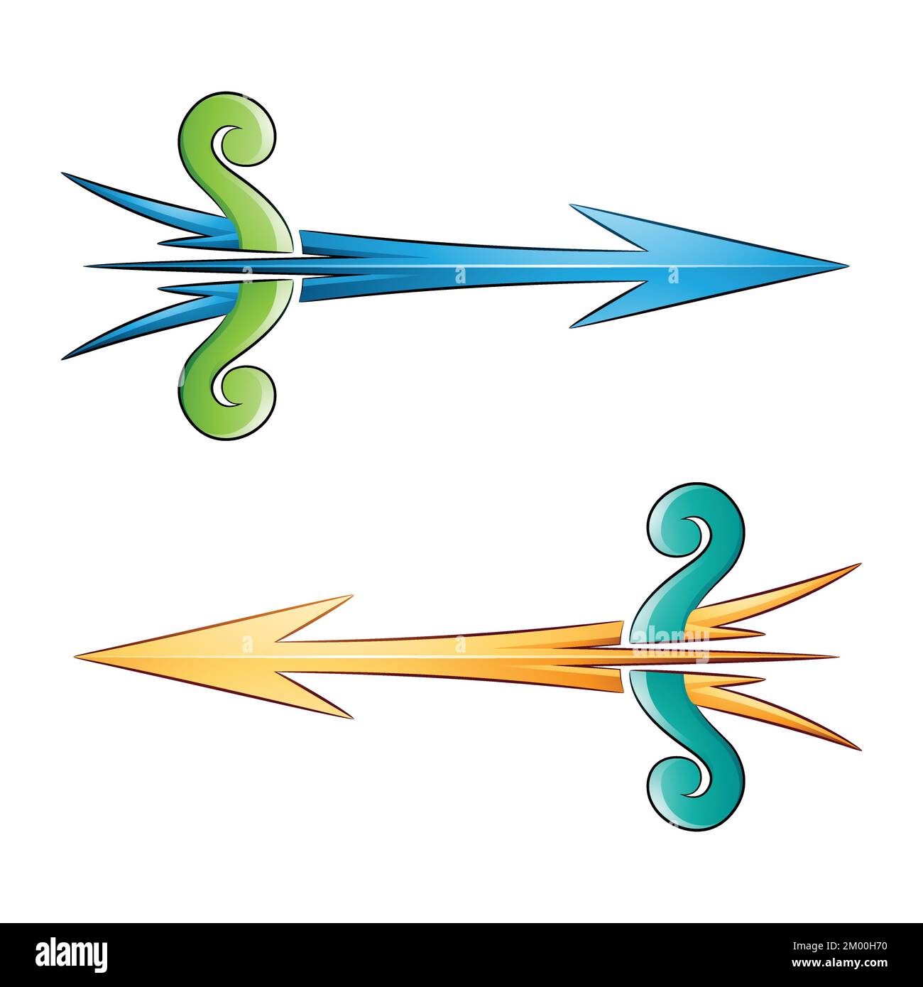 Illustrazione della freccia e della prua incrinate nei colori verde e giallo isolate su sfondo bianco Illustrazione Vettoriale