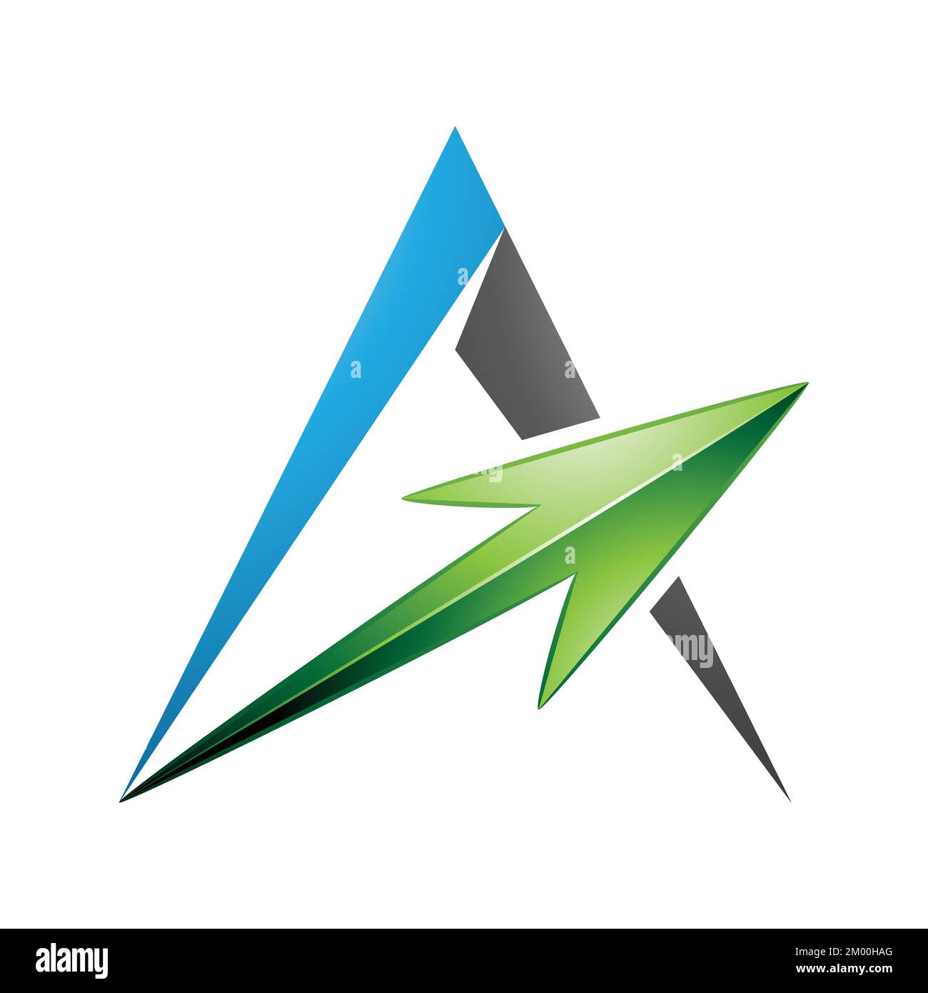 Illustrazione della lettera A triangolare blu e nera con una freccia verde isolata su sfondo bianco Illustrazione Vettoriale