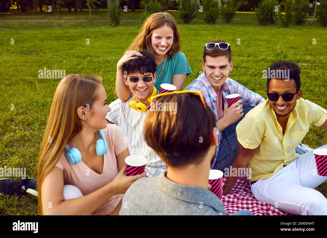 Giovane gruppo positivo di amici uomini e donne vacanzieri e ridendo sul pic-nic nel parco Foto Stock