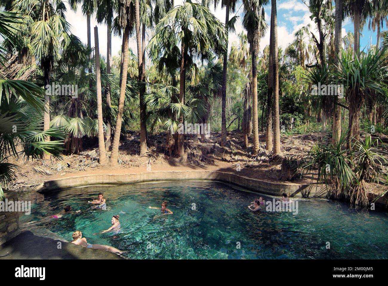 Mataranka, Australia - 21 aprile 2012: Le persone non identificate godono dell'acqua calda della piscina termale naturale all'estremità superiore del territorio del Nord Foto Stock