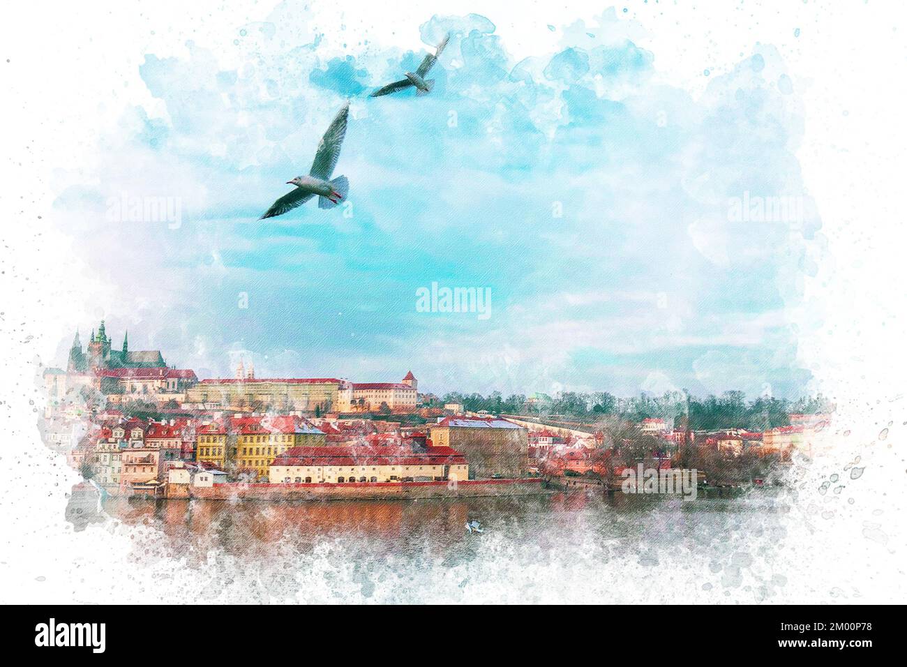 Illustrazione acquerello del paesaggio di Praga. Vista Praga per tela o sfondo stampabile Foto Stock