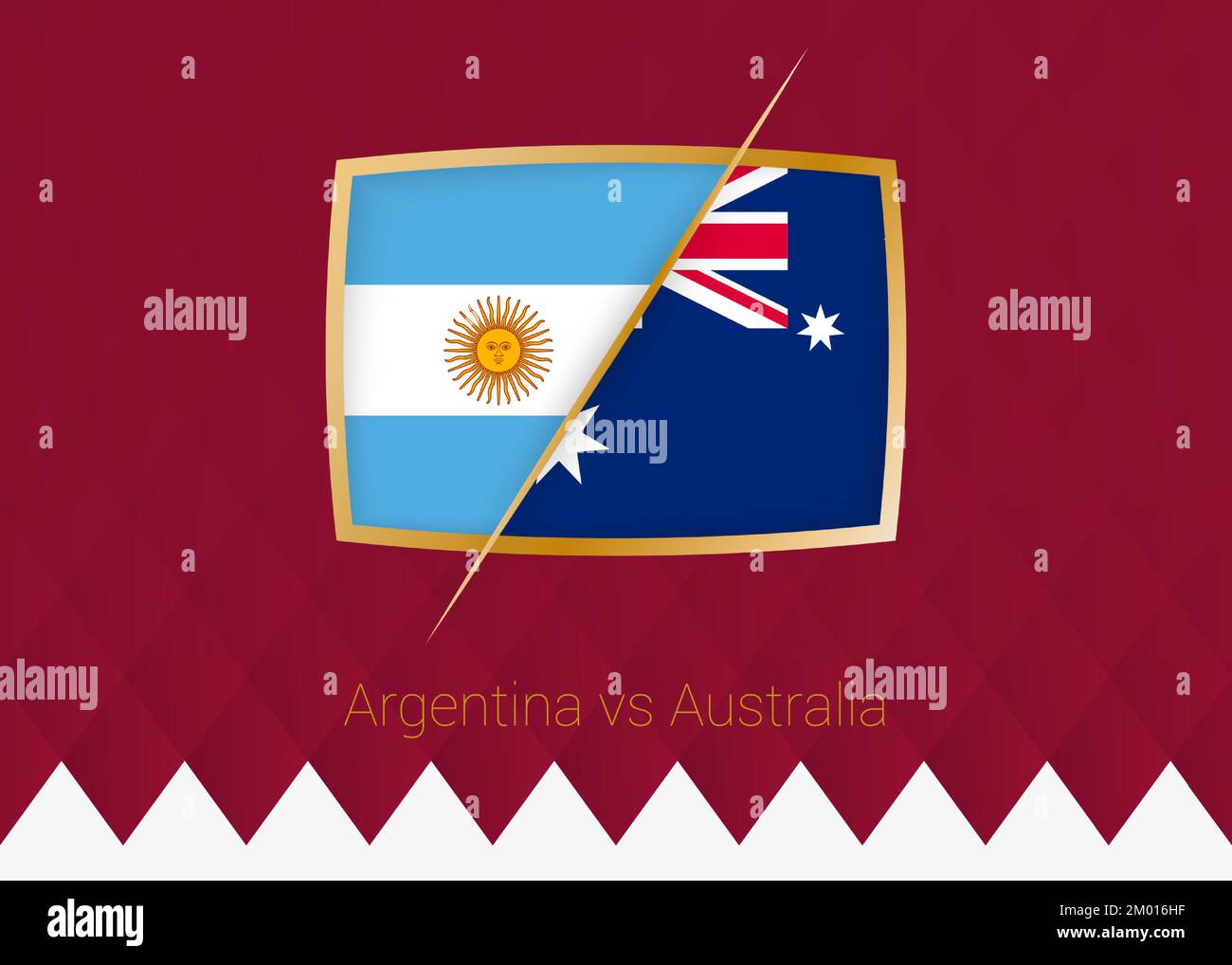 Argentina vs Australia, turno di 16 icona della competizione di calcio su sfondo borgogna. Icona vettore. Illustrazione Vettoriale