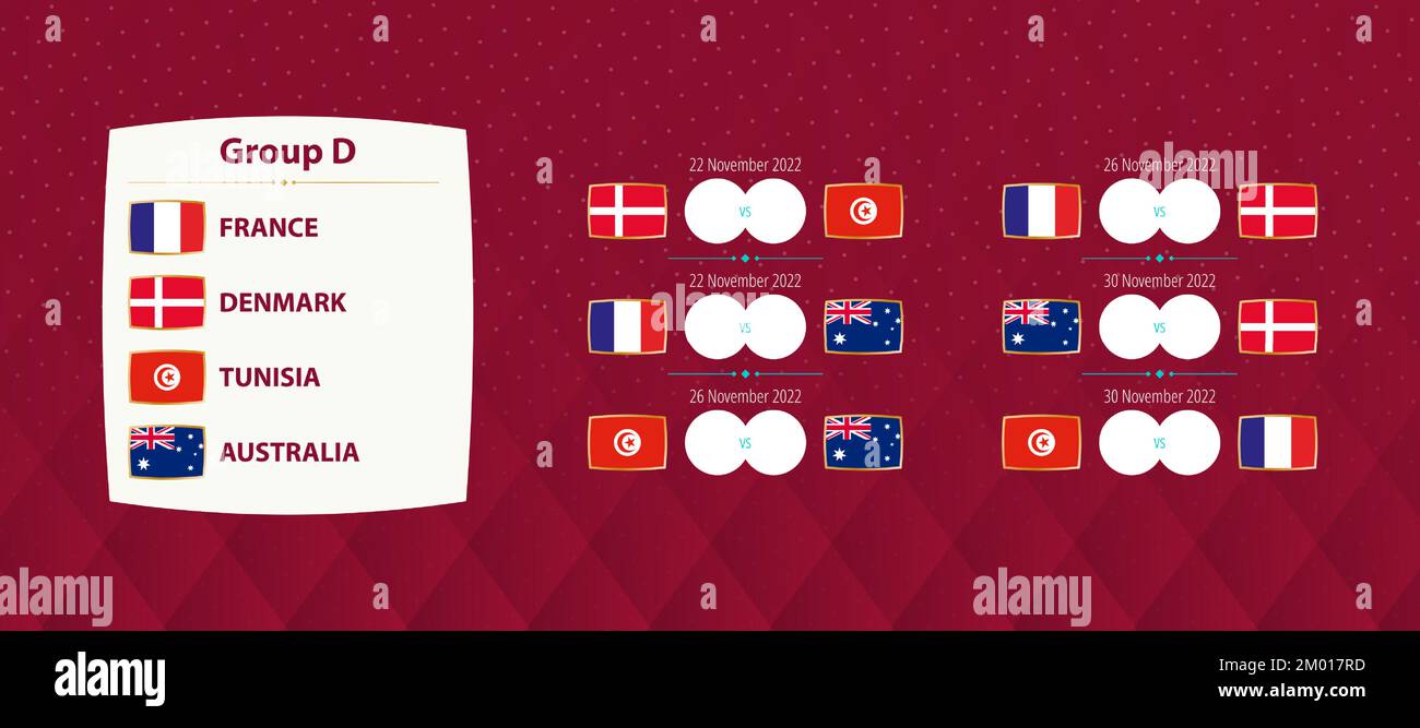 Torneo internazionale di calcio partite di gruppo D, calendario nazionale di partite per la competizione 2022. Modello vettore. Illustrazione Vettoriale
