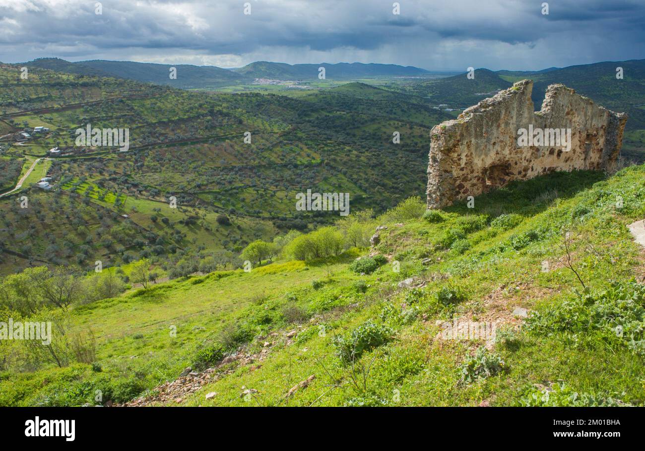 Resti di buiding accanto alla collina del castello di Feria, Spagna. Campi di coltivazione con olivi e tipici campi di gestione pastorale dehesa. Foto Stock