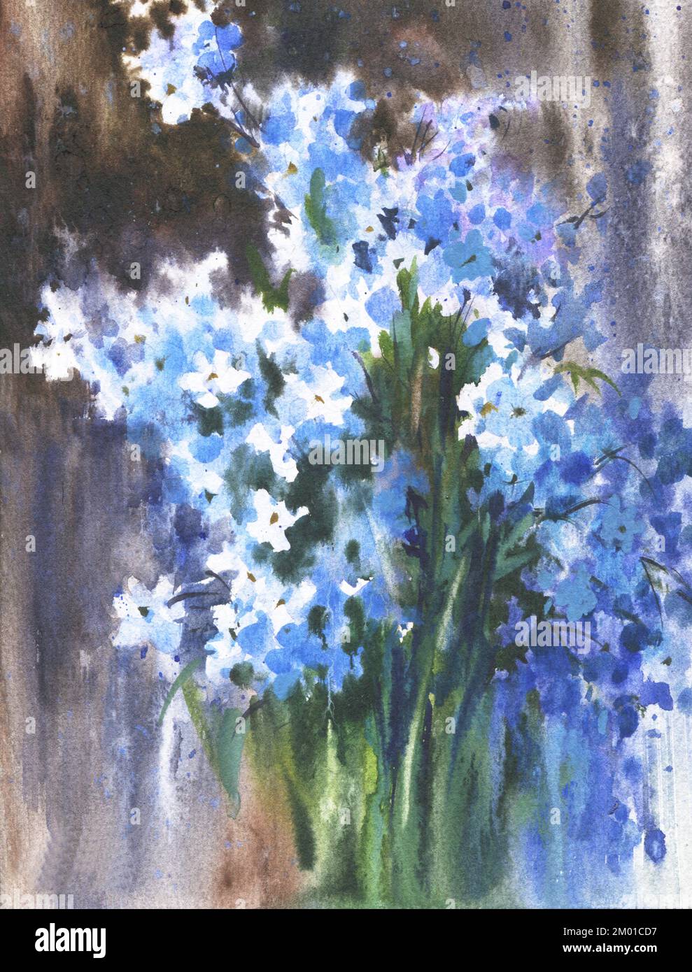 Blu dimenticare - me - nate fiori sullo sfondo blu scuro acquerello. Illustrazione floreale. Foto Stock