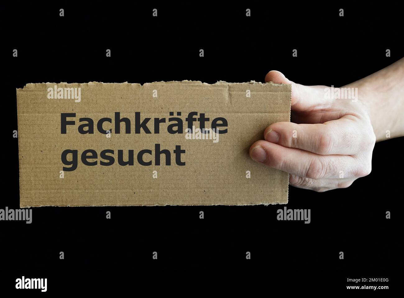 Una mano tiene un segno con l'iscrizione tedesca Fachkrafte gesucht, con sfondo nero. Traduzione: Cercavano lavoratori qualificati Foto Stock
