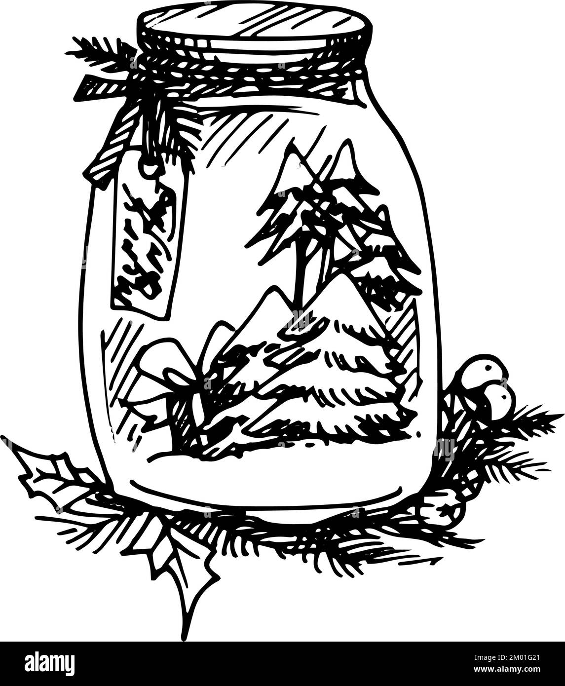 Illustrazione di Natale artistico Doodle icona. Vaso con albero di Natale. Nuovo anno Vintage Design per il biglietto di Natale o invito su bianco Illustrazione Vettoriale