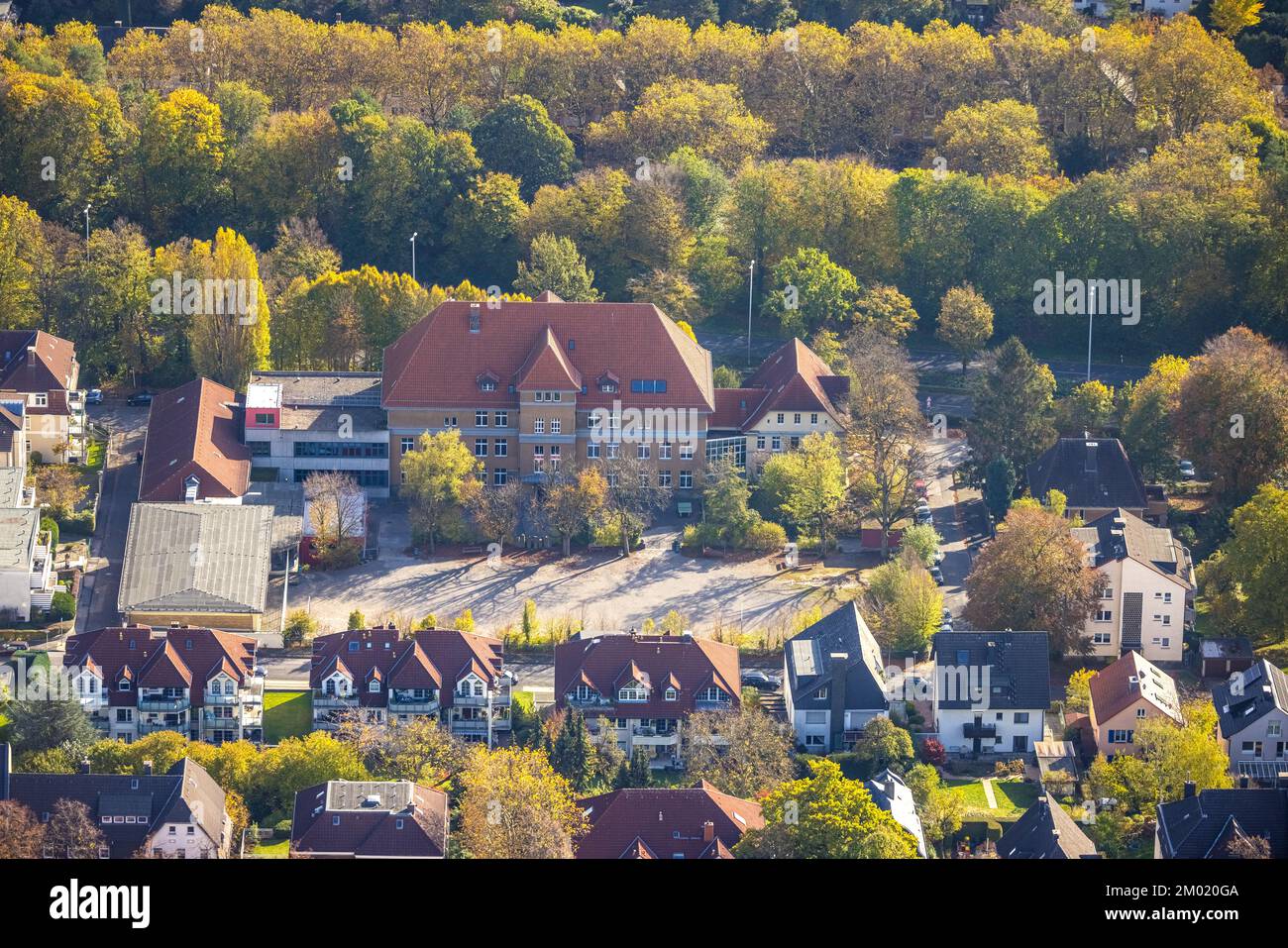 Veduta aerea, scuola superiore Albrecht Dürer, distretto universitario, Hagen, zona della Ruhr, Renania settentrionale-Vestfalia, Germania, Istruzione, Istituto educativo, D Foto Stock