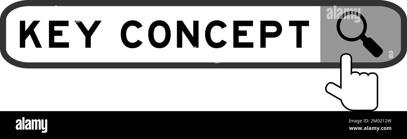 Banner di ricerca in parola chiave concetto con mano sopra l'icona lente di ingrandimento su sfondo bianco Illustrazione Vettoriale
