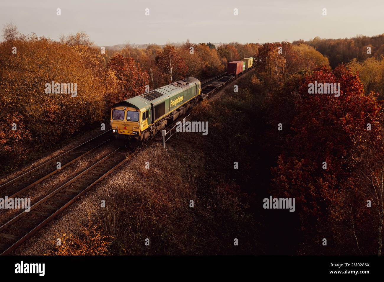 WAKEFIELD, REGNO UNITO - 2 DICEMBRE 2022. Un treno di locomotive di classe 66 intermodale di Freightliner britannico che trasporta i contenitori di trasporto attraverso il woodlan di Autumnal Foto Stock