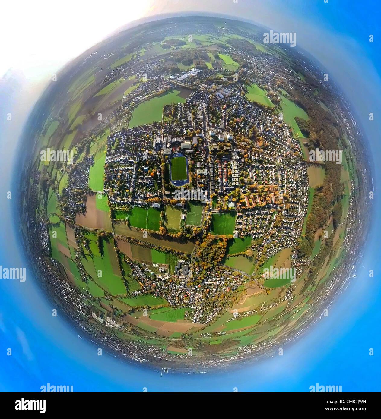 Veduta aerea, veduta di Kaiserau, centro sportivo Kaiserau, immagine di isheye, immagine di fisheye, Immagine a 360 gradi, Kaiserau, Kamen, Ruhrgebiet, Renania settentrionale-Vestfa Foto Stock