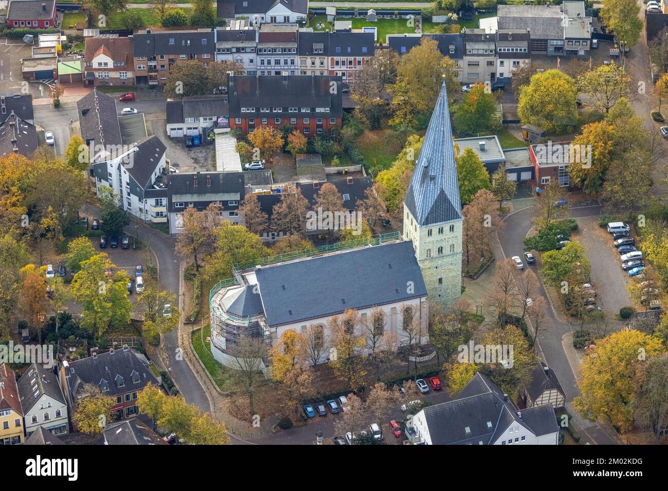 Vista aerea, Evang. Lavori di ristrutturazione Pauluskirche, Kamen, zona della Ruhr, Renania settentrionale-Vestfalia, Germania, Luogo di culto, misura di costruzione, costruzione Foto Stock