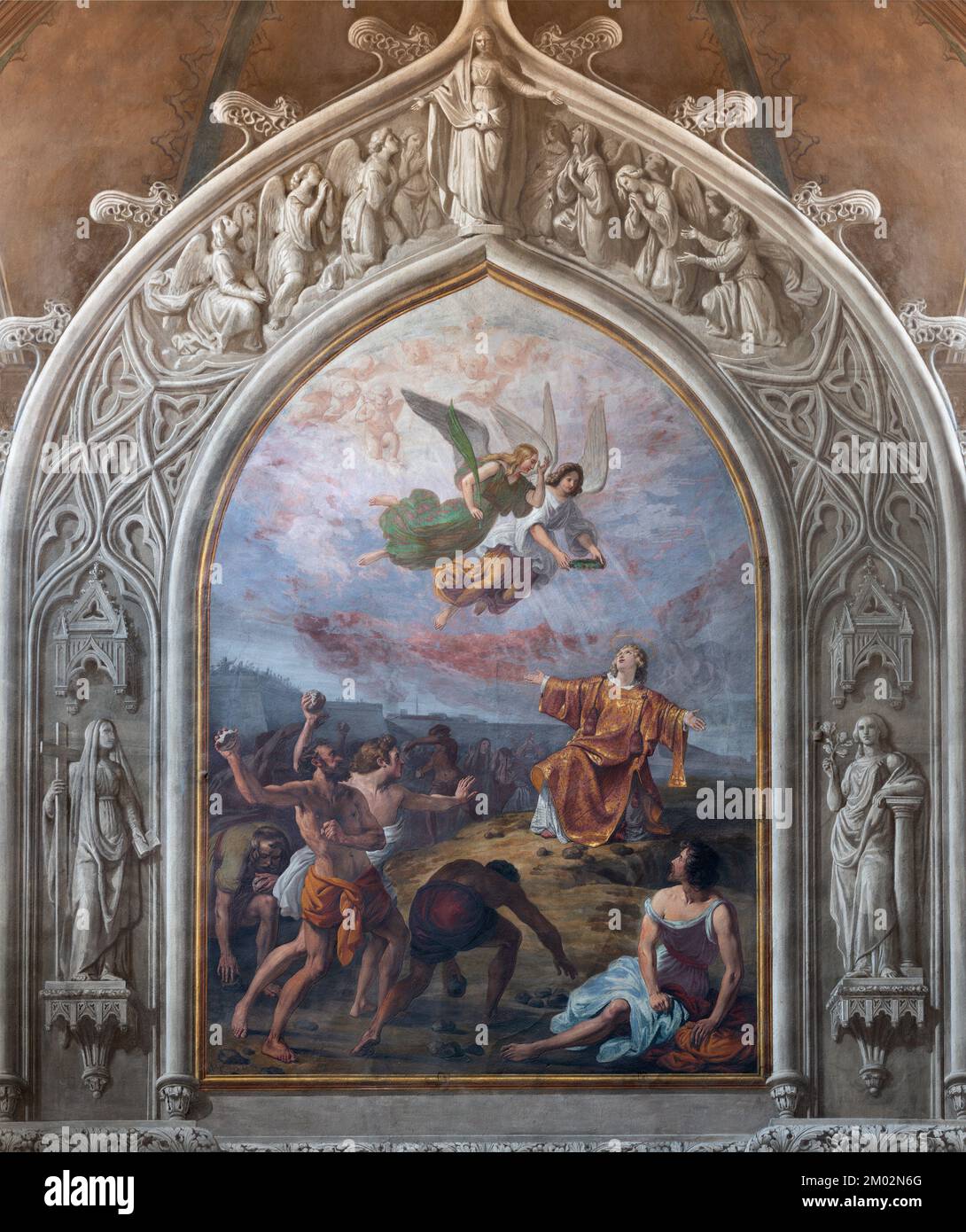 BIELLA, ITALIA - 15 LUGLIO 2022: L'affresco di lapidazione di San Stefano in Duomo di Giovannino Galliari (1784). Foto Stock