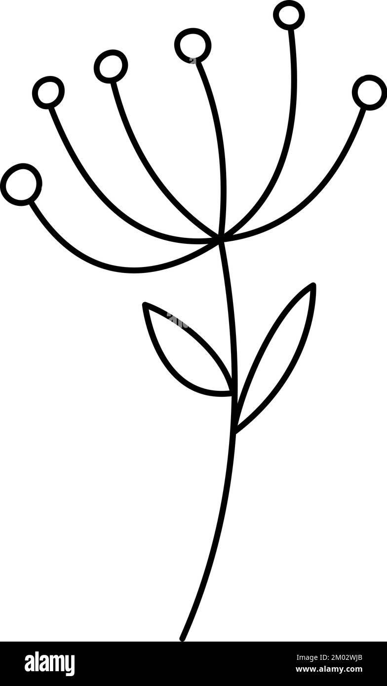 Primavera Vector fiore stilizzato e foglie con linee monoline. Elemento grafico dell'illustrazione scandinavo. Immagine floreale decorativa estiva per un saluto Illustrazione Vettoriale