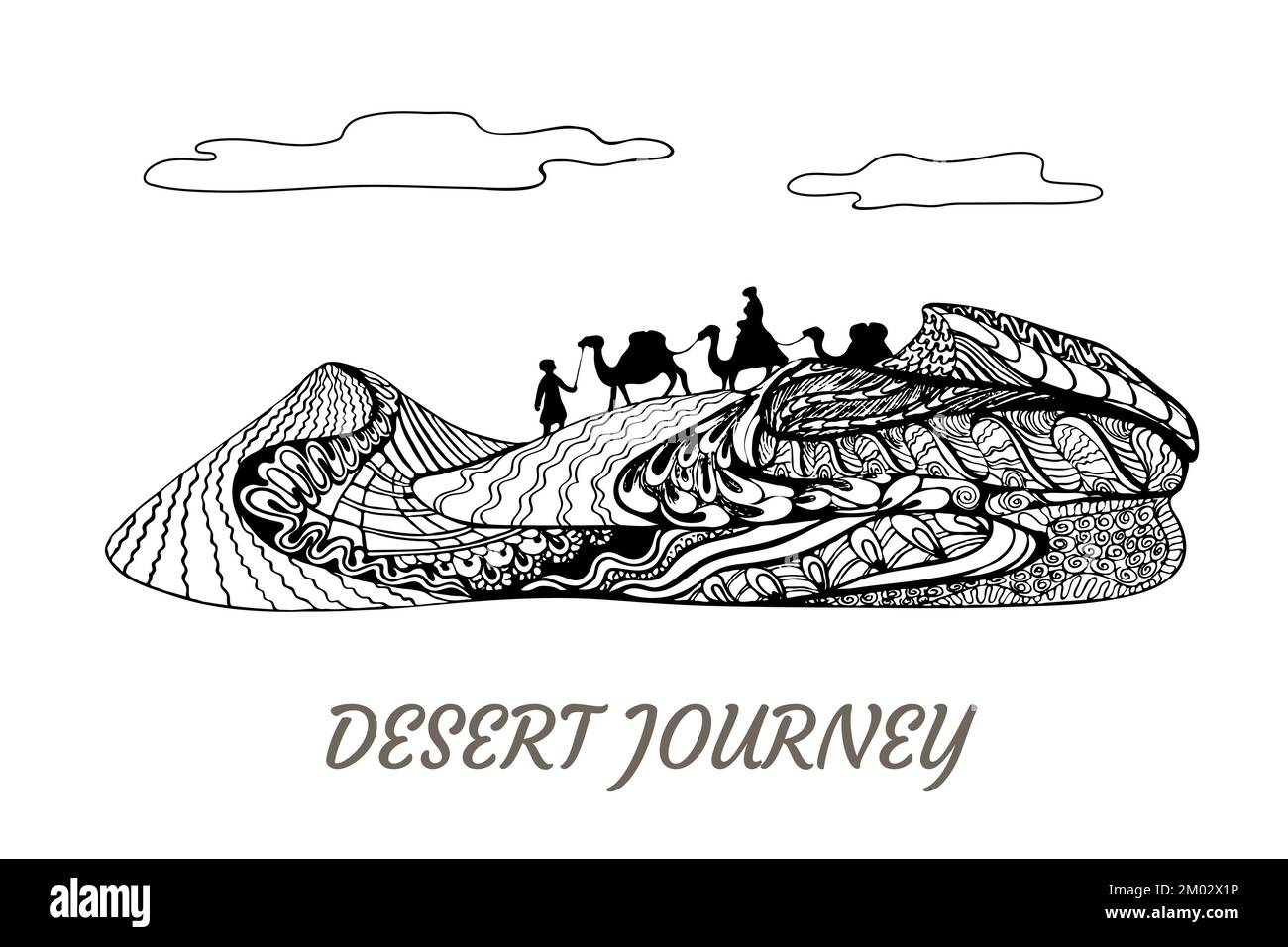 Viaggio sulle dune di sabbia su cammelli. Zenart, design vettoriale zentangle Illustrazione Vettoriale