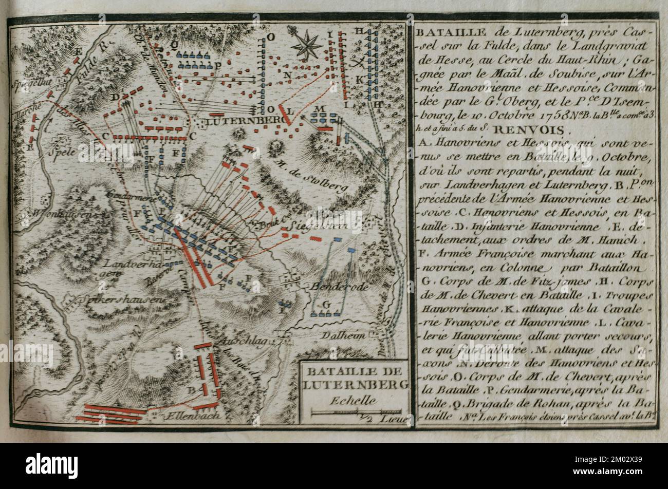 Guerra dei sette anni (1756-1763). Mappa della Battaglia di Lutterberg (10 ottobre 1758). Le truppe francesi, guidate dal principe Soubise, sconfissero un contingente di soldati anoveriani e mercenari essiani, comandati dal generale Christoph Ludwig von Oberg. Pubblicato nel 1765 dal cartografo Jean de Beaurain (1696-1771) come illustrazione della sua Grande carta della Germania, con gli eventi che si sono verificati durante la Guerra dei sette anni. Esercito alleato in rosso e esercito francese in blu. Incisione e incisione. Edizione francese, 1765. Biblioteca storica militare di Barcellona (Biblioteca Histórico Militar de Barcelona). Cataloni Foto Stock