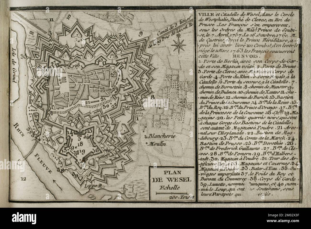 Mappa di Wesel e la sua cittadella, 1763. Renania settentrionale-Vestfalia, Germania. Pubblicato nel 1765 dal cartografo Jean de Beaurain (1696-1771) come illustrazione della sua Grande carta della Germania, con gli eventi che si sono verificati durante la Guerra dei sette anni. Incisione. Edizione francese, 1765. Biblioteca storica militare di Barcellona (Biblioteca Histórico Militar de Barcelona). Catalogna. Spagna. Foto Stock