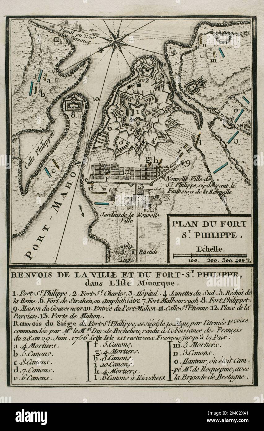 Mappa del Forte di San Filippo (Castello di San Felipe), 1756. Isola di Minorca. Fortezza controllata dagli inglesi, fu assediata dai francesi e presa il 29 giugno 1756. Incisione pubblicata nel 1765 dal cartografo Jean de Beaurain (1696-1771) come illustrazione della sua Grande carta della Germania, con gli eventi che si sono verificati durante la Guerra dei sette anni. Esercito francese in blu. Edizione francese, 1765. Biblioteca storica militare di Barcellona (Biblioteca Histórico Militar de Barcelona). Catalogna. Spagna. Foto Stock