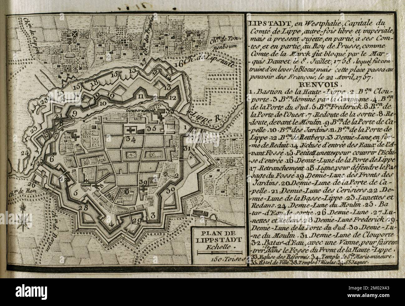Mappa di Lippstadt (Germania), 1757-1758. Incisione pubblicata nel 1765 dal cartografo Jean de Beaurain (1696-1771) come illustrazione della sua Grande carta della Germania, con gli eventi che si sono verificati durante la Guerra dei sette anni. Guerra dal 1755 al 1763. Edizione francese, 1765. Biblioteca storica militare di Barcellona (Biblioteca Histórico Militar de Barcelona). Catalogna. Spagna. Foto Stock