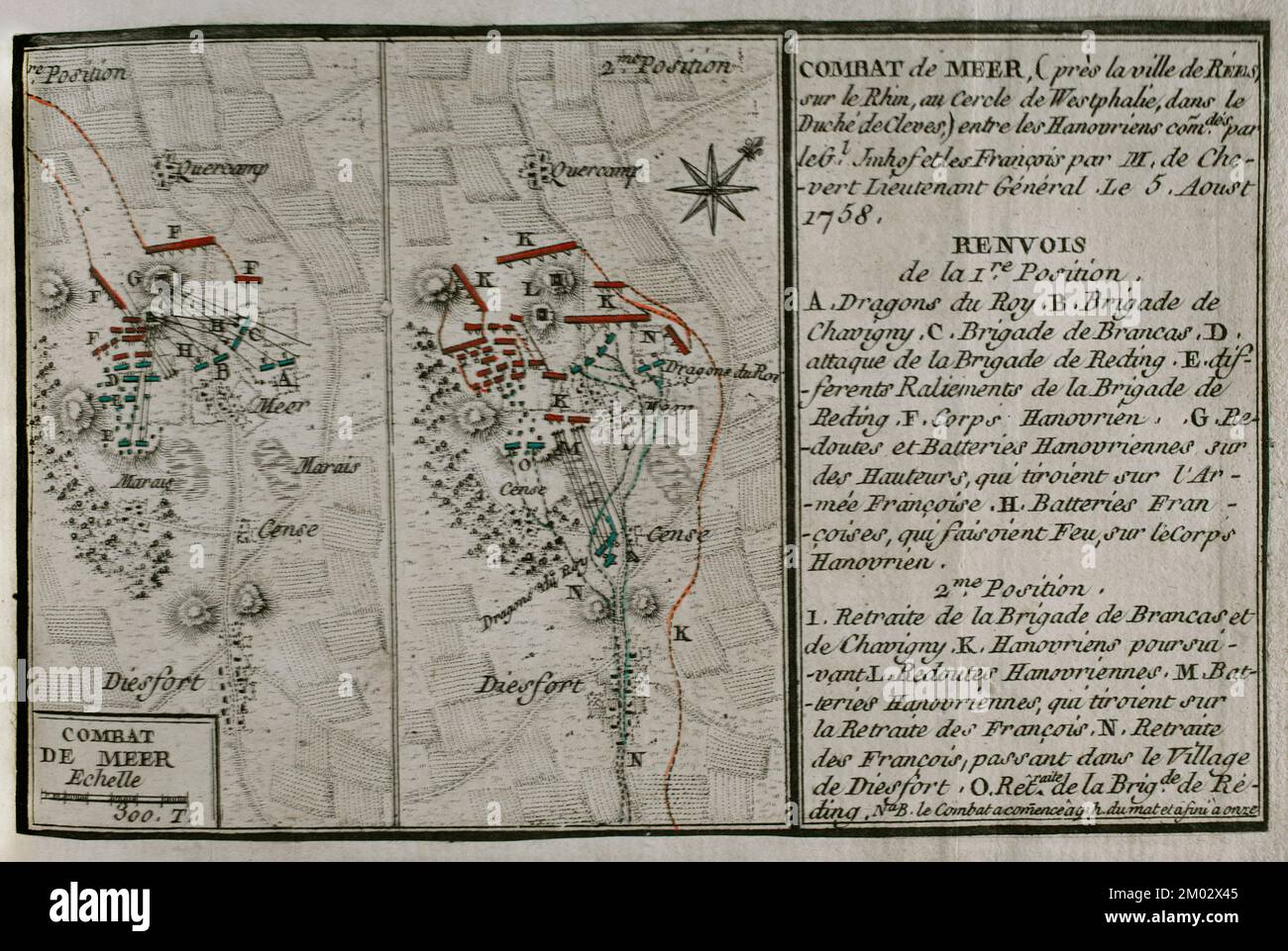 Guerra dei sette anni (1756-1763). Combattimento di Mehr (5 agosto 1758), nei pressi di Rees (Westfalia), tra le forze alleate di Hanoverians, comandate dal generale Imhoff, e i francesi, guidati dal tenente generale de Chevert. Mappa pubblicata nel 1765 dal cartografo Jean de Beaurain (1696-1771) come illustrazione della sua Grande carta della Germania, con gli eventi che si sono verificati durante la Guerra dei sette anni. Esercito alleato in rosso e esercito francese in blu. Incisione e incisione. Edizione francese, 1765. Biblioteca storica militare di Barcellona (Biblioteca Histórico Militar de Barcelona). Catalogna. Spagna. Foto Stock