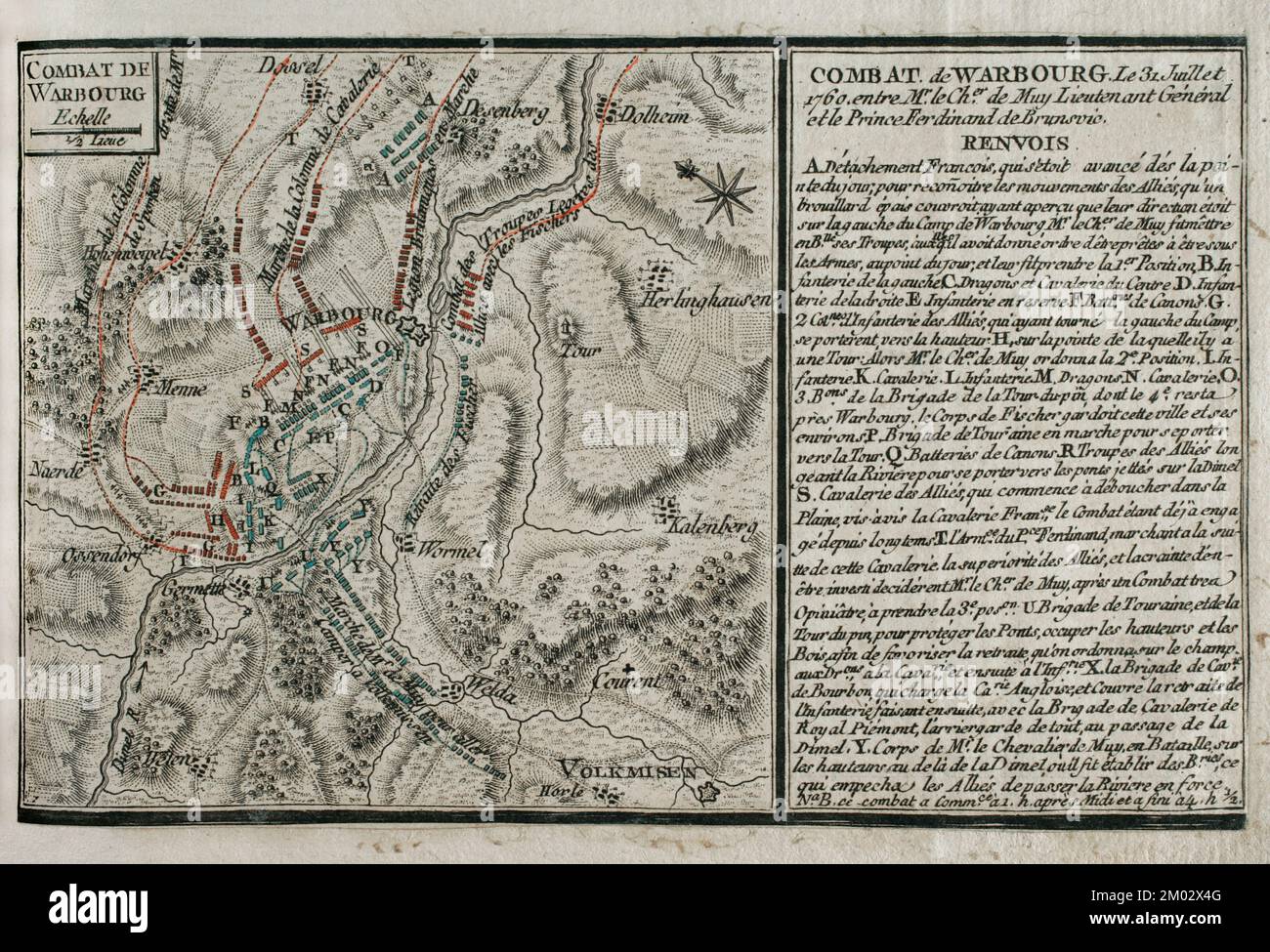 Guerra dei sette anni (1756-1763). Mappa della battaglia di Warburg (31 luglio 1760) tra l'esercito britannico e quello anoveriano alleato, guidato dal maresciallo di campo Principe Ferdinando di Brunswick-Wolfenbüttel (1721-1792), e l'esercito francese, comandato dal tenente generale le Chevalier du Muy (Louis Nicolas Victor de Felix d'Ollieres). Vittoria alleata. Pubblicato nel 1765 dal cartografo Jean de Beaurain (1696-1771) come illustrazione della sua Grande carta della Germania, con gli eventi che si sono verificati durante la Guerra dei sette anni. Esercito alleato in rosso e esercito francese in blu. Acquaforte e travestimento. Edizione francese, 1765. Foto Stock