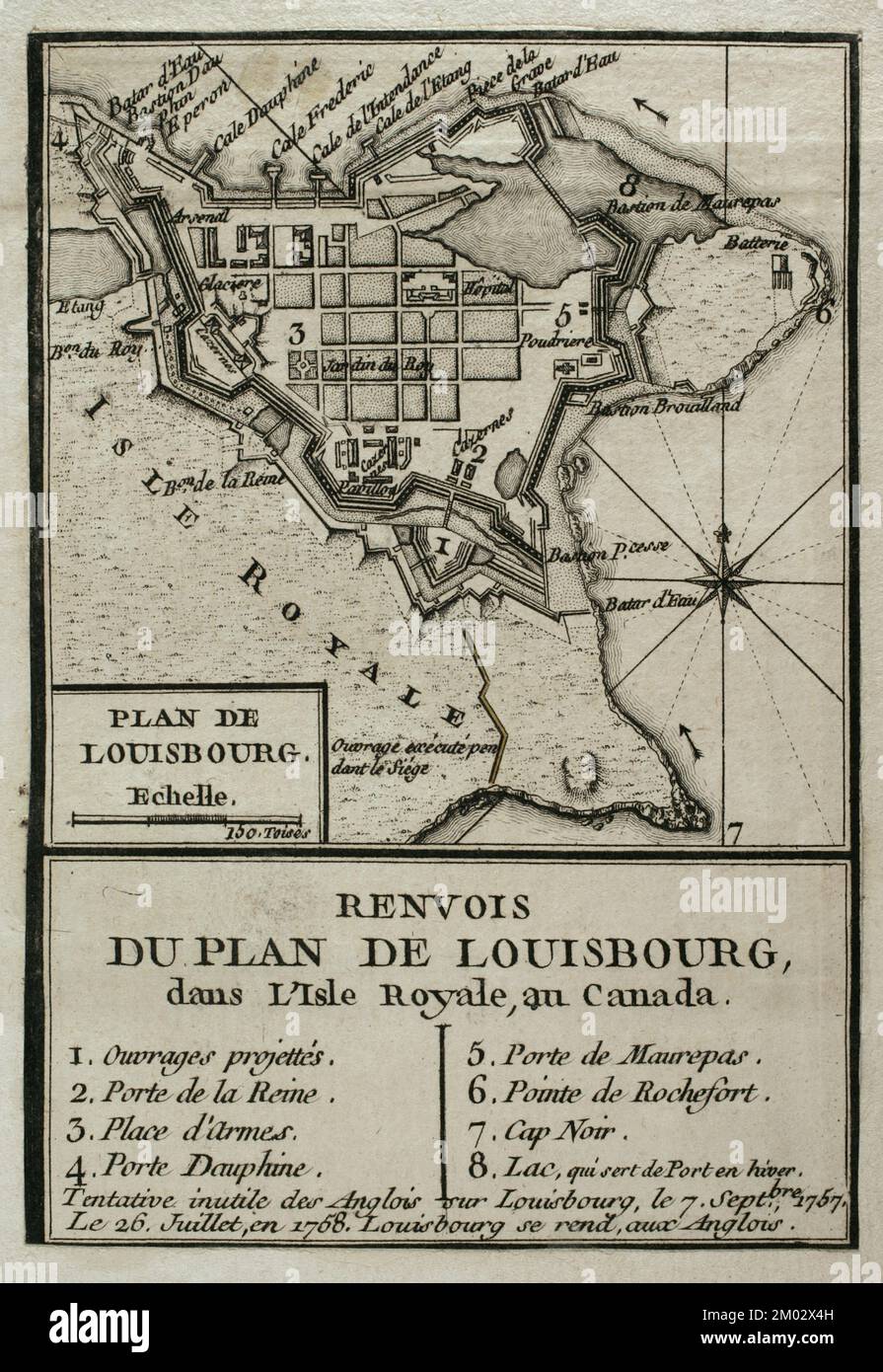 Mappa di Louisbourg, Canada. Nova Scotia. Raffigura il successo dell'assedio della grande fortezza francese da parte degli inglesi nel 1758 che infine presero Louisbourg il 26 luglio 1758. Pubblicato nel 1765 dal cartografo Jean de Beaurain (1696-1771) come illustrazione per la sua Grande carta della Germania, con gli eventi che si sono verificati durante la Guerra dei sette anni. Guerra dal 1755 al 1763. Edizione francese, 1765. Incisione. Biblioteca storica militare di Barcellona (Biblioteca Histórico Militar de Barcelona). Catalogna. Spagna. Foto Stock