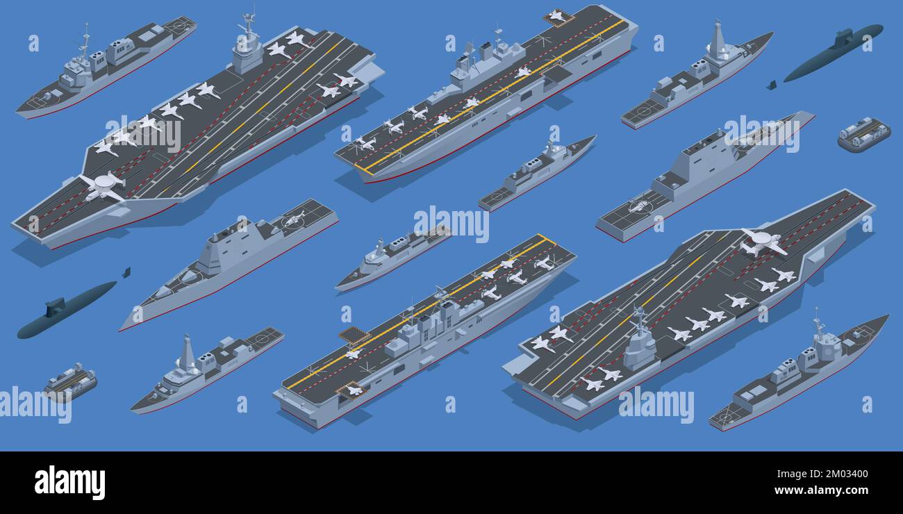 Gruppo di battaglia Isometric Carrier. Flotta navale costituita da una nave portaerei capitale e il suo grande numero di scorte, insieme definendo il Illustrazione Vettoriale