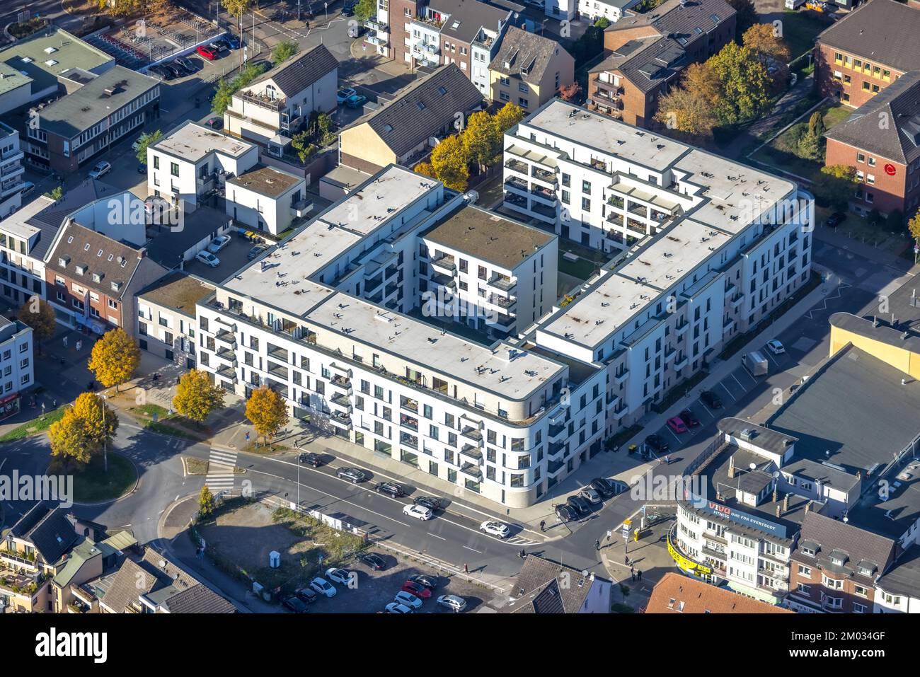 Vista aerea, Homberger Höfe costruzione residenziale e commerciale nuova, otto-Hue-Straße, Moers, Ruhrgebiet, Renania settentrionale-Vestfalia, Germania, Foto Stock