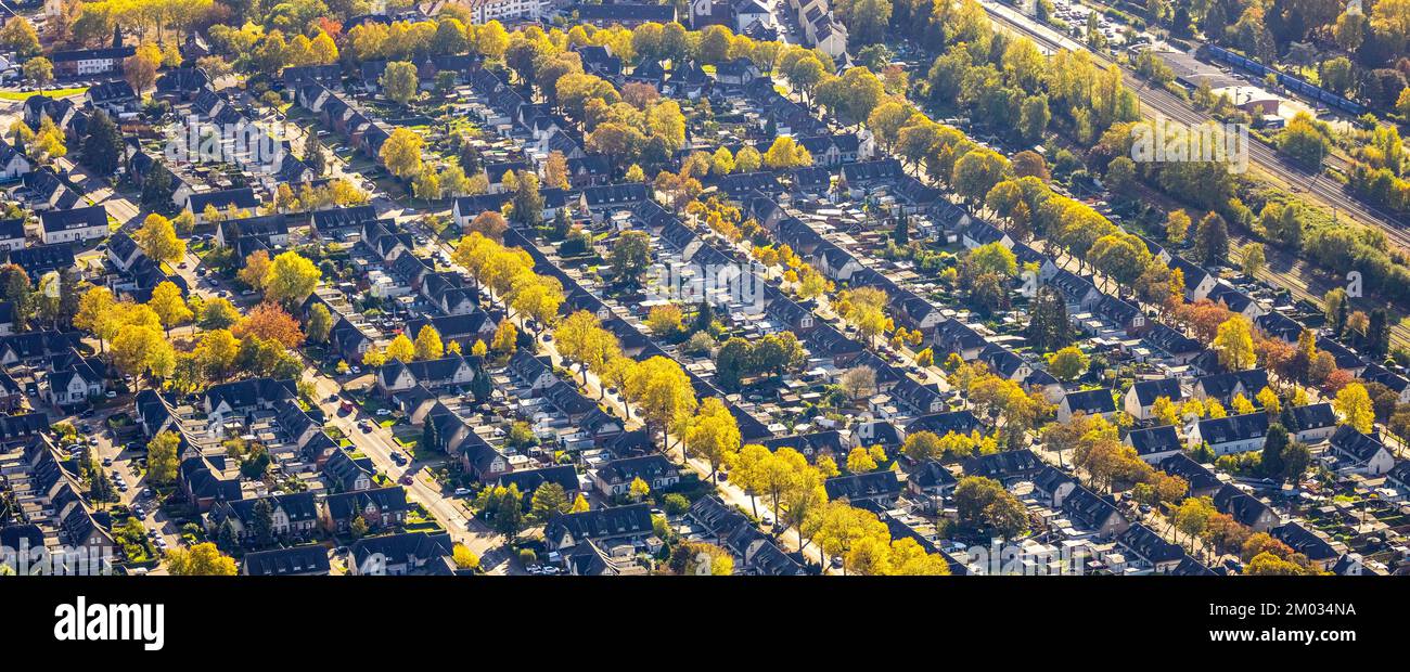 Veduta aerea, insediamento operaio Meerbeck-Hochstraß, tra Ruhrstraße e Fuldastraße, viale alberato e alberi in colori autunnali, forme e colori, Moer Foto Stock