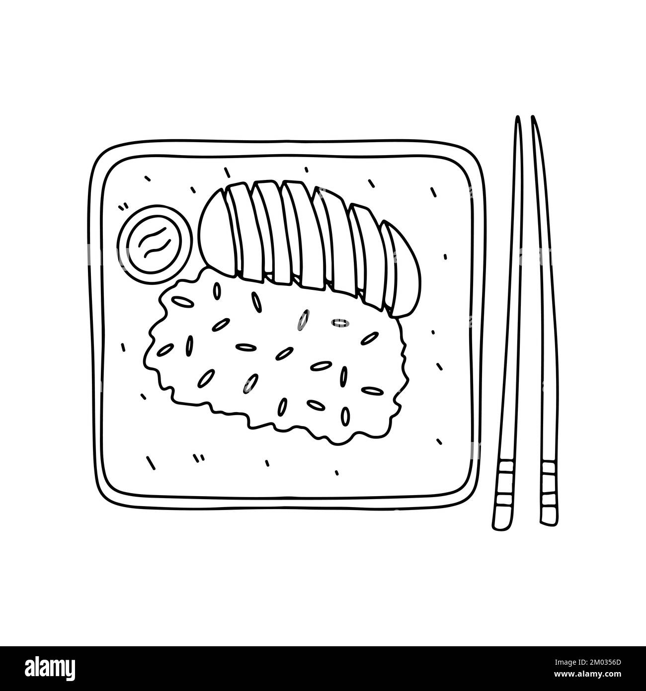 Riso appiccicoso con mango fresco e maturo con latte di cocco in stile doodle disegnata a mano. Tradizionale pasto Tailandese Illustrazione Vettoriale