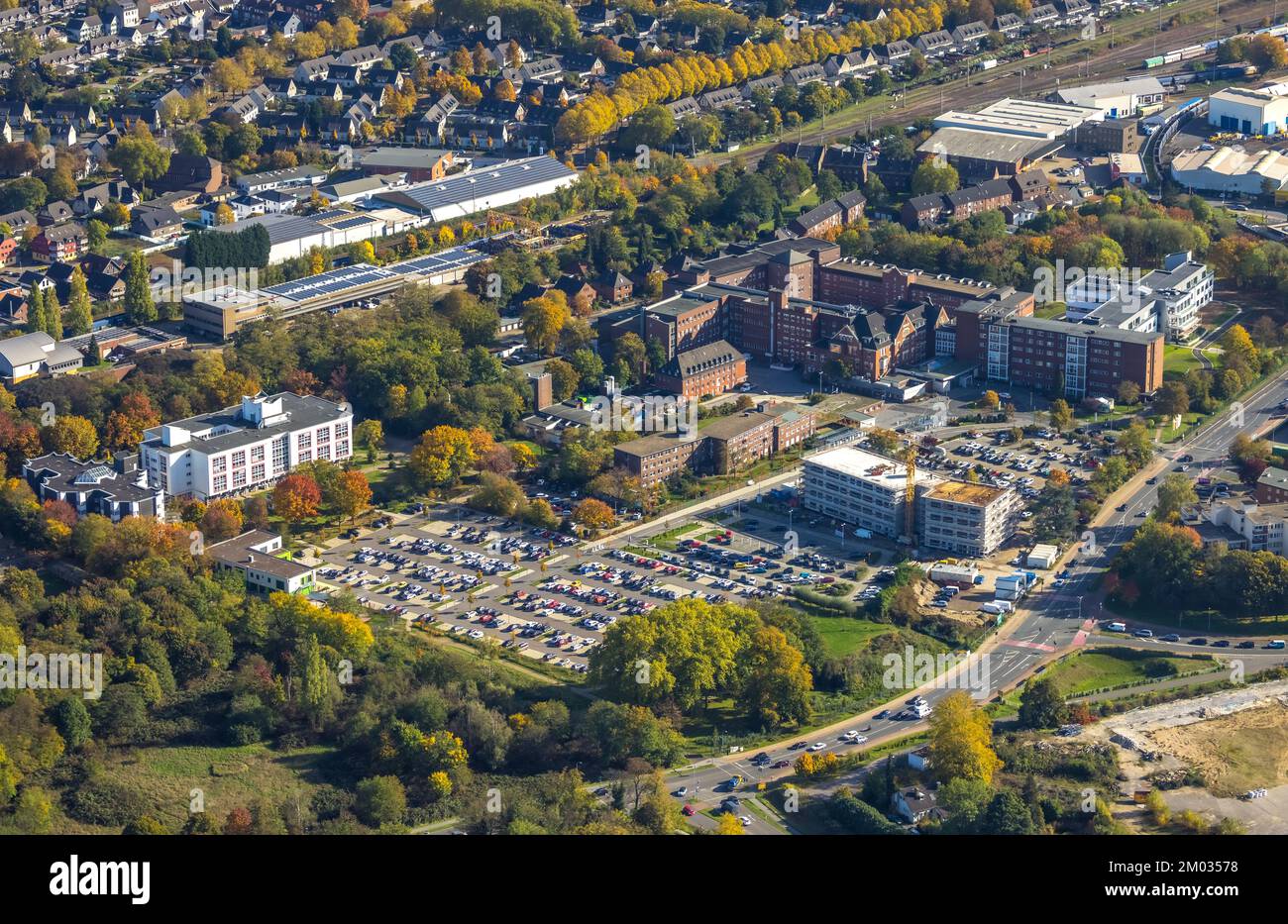 Vista aerea, ospedale Bethanien, cantiere con letto nuovo edificio casa, Moers, Ruhr zona, Nord Reno-Westfalia, Germania, Lavori di costruzione, Foto Stock