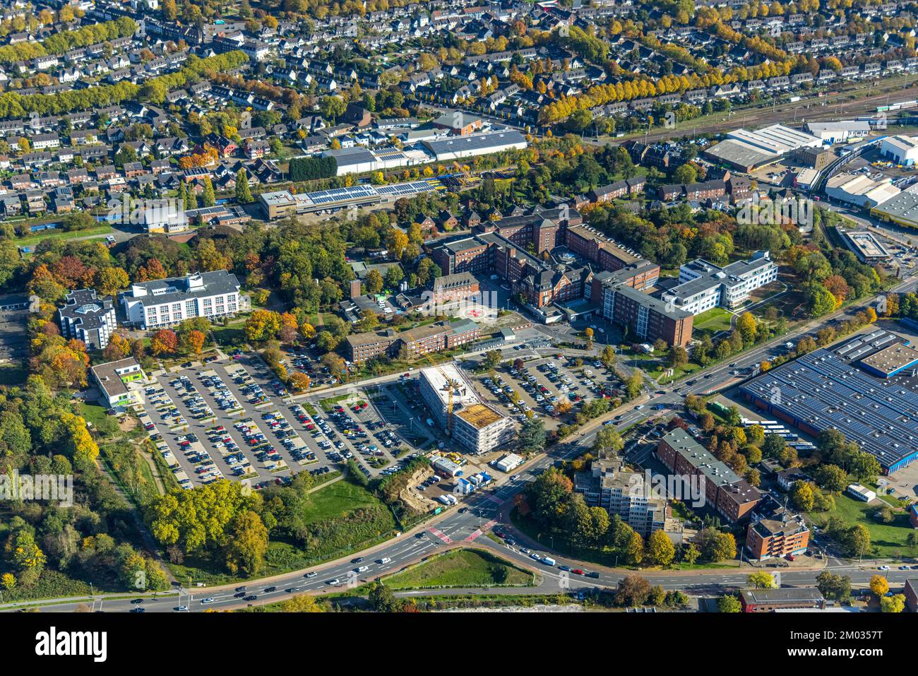 Vista aerea, ospedale Bethanien, cantiere con letto nuovo edificio casa, Moers, Ruhr zona, Nord Reno-Westfalia, Germania, Lavori di costruzione, Foto Stock
