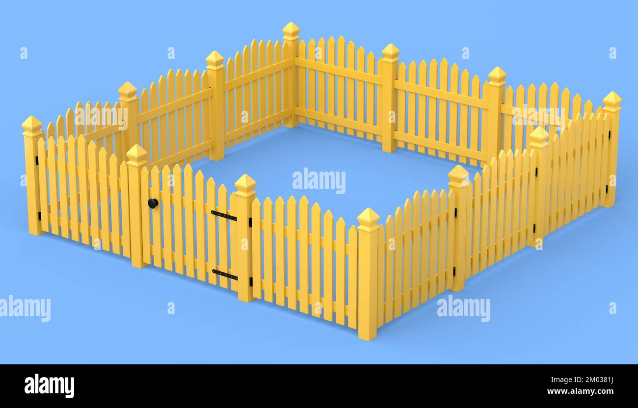 Recinzione in legno di picket su sfondo blu che separa gli oggetti. 3d rendere concetto di sicurezza o separazione sul cortile Foto Stock