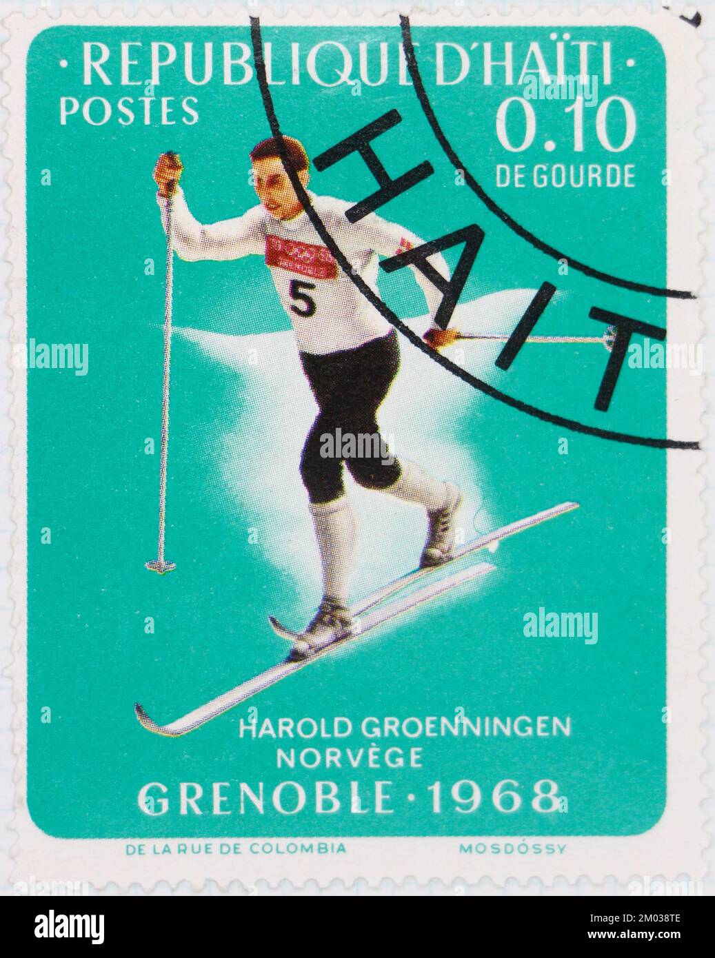 Foto di un francobollo da Haiti Harold Gronningen sci di fondo Giochi Olimpici invernali 1968 Grenoble Medals serie Foto Stock