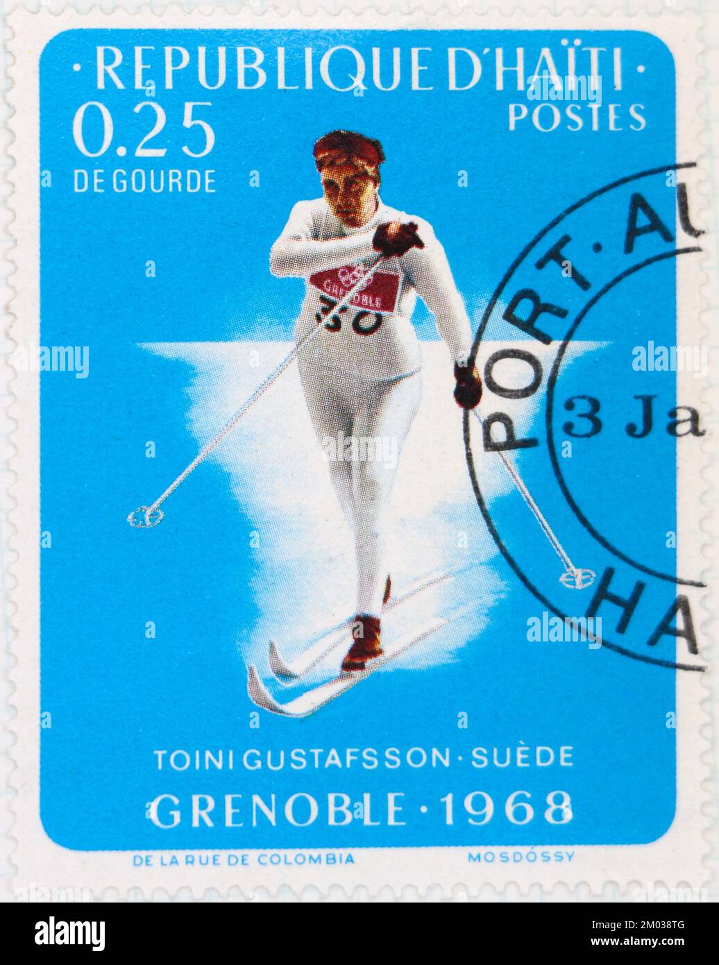 Foto di un francobollo da Haiti Toini Gustaffson Sci di fondo Giochi Olimpici invernali 1968 Grenoble Medals Foto Stock