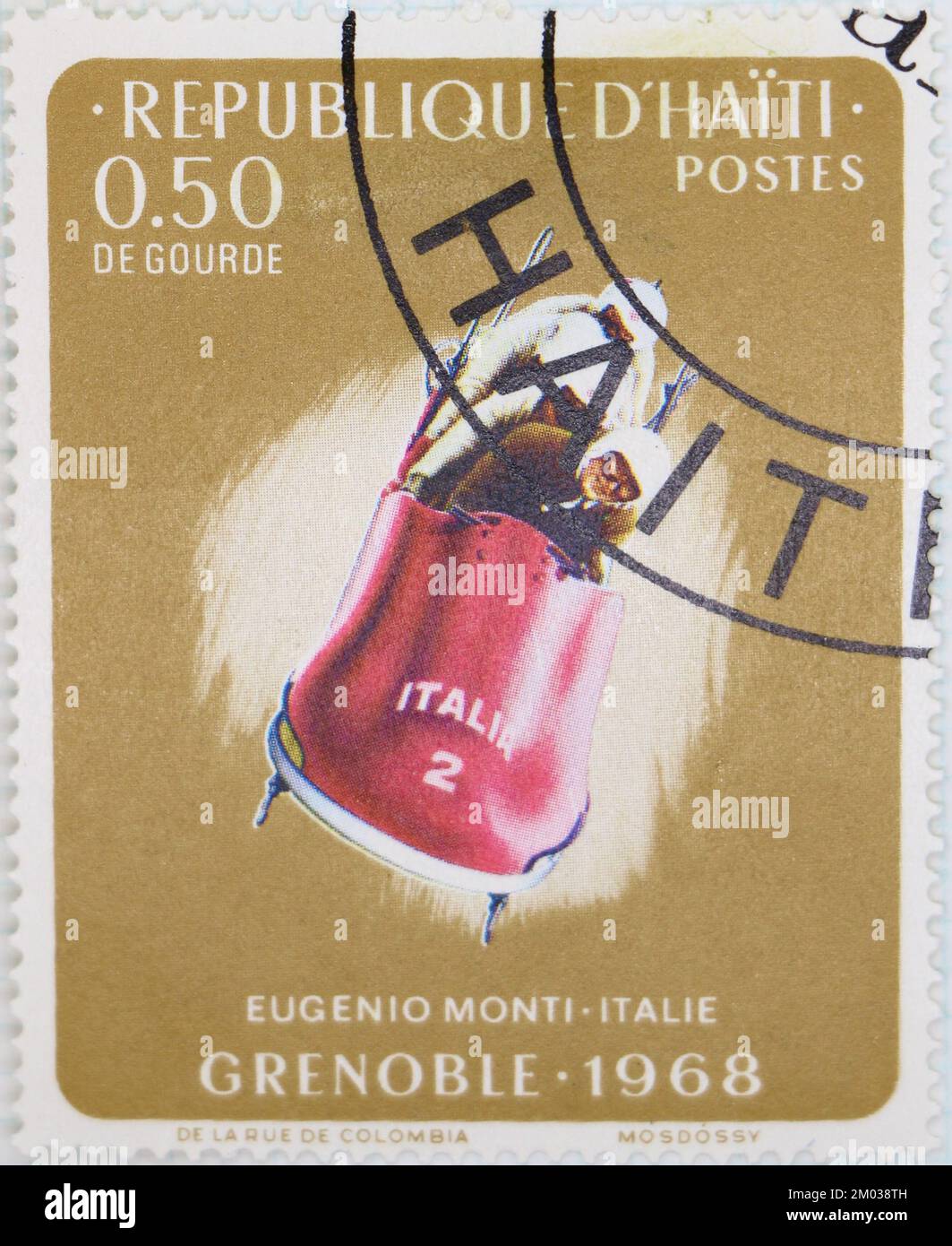 Foto di un francobollo da Haiti Eugenio Monti Bobsleigh Giochi Olimpici invernali 1968 Grenoble Medals Foto Stock
