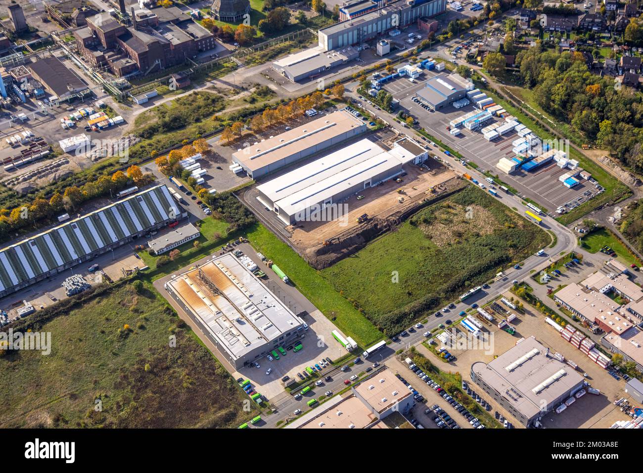 Luftbild, Gewerbegebiet im Waldteich, Baustelle und Neubau Gewerbeansiedlung, City-Clean, Hermes, Repassack GmbH, Holten, Oberhausen, Ruhrgebiet, Nordr Foto Stock