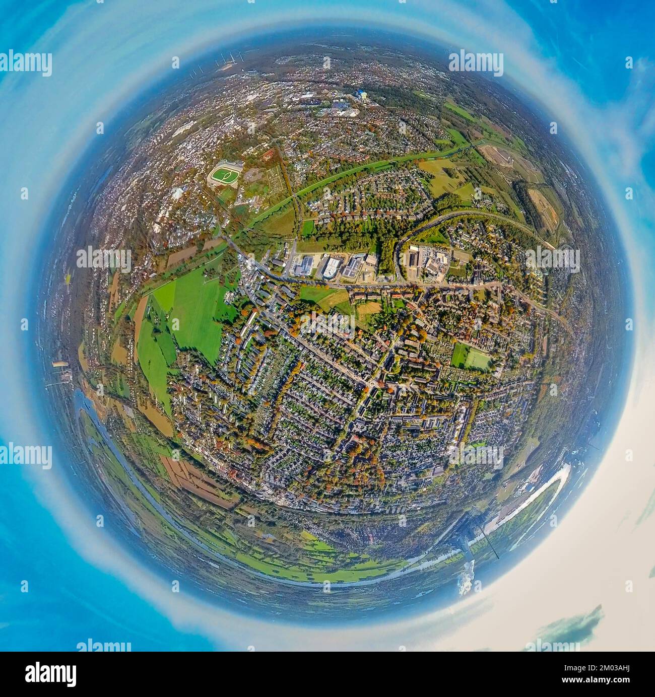 Fotografia aerea, area industriale cantiere Willy-Brandt-Straße angolo Bärenstraße, fisheye fotografia, 360 gradi fotografia, Dinslaken città Foto Stock