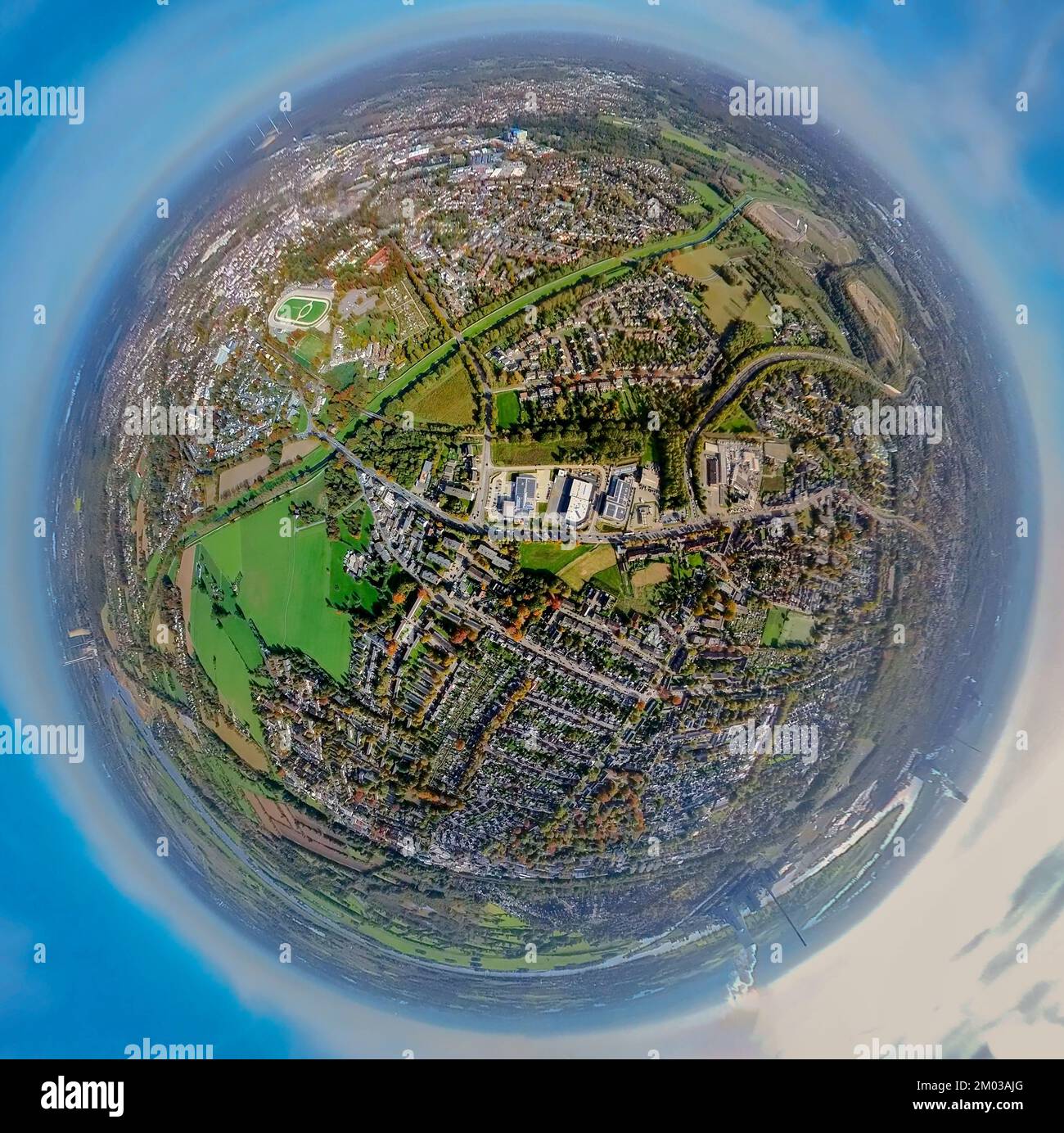 Fotografia aerea, area industriale cantiere Willy-Brandt-Straße angolo Bärenstraße, fisheye fotografia, 360 gradi fotografia, Dinslaken città Foto Stock