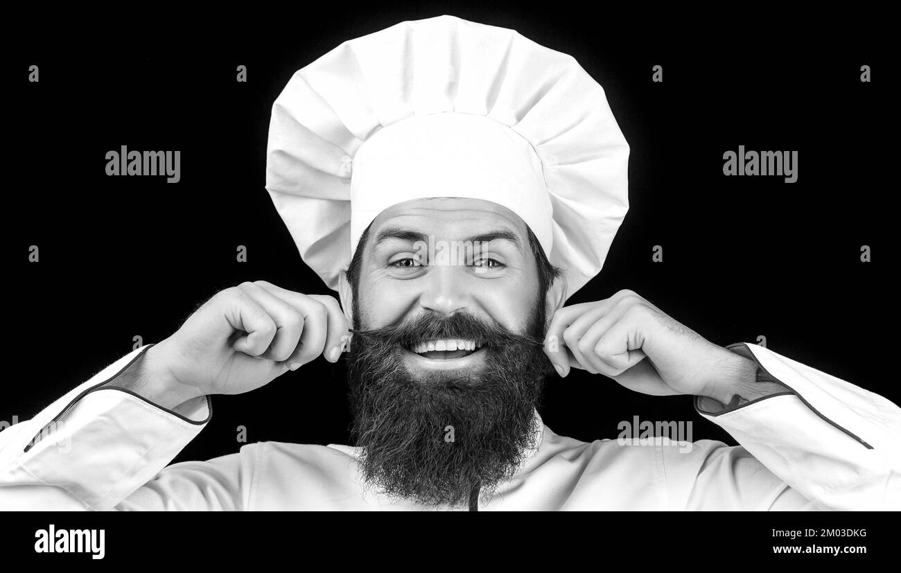 Chef divertente con cuoco della barba. Barba e baffi con grembiule. Uomo pannolino. Ritratto di un cuoco chef felice. Bianco e nero Foto Stock