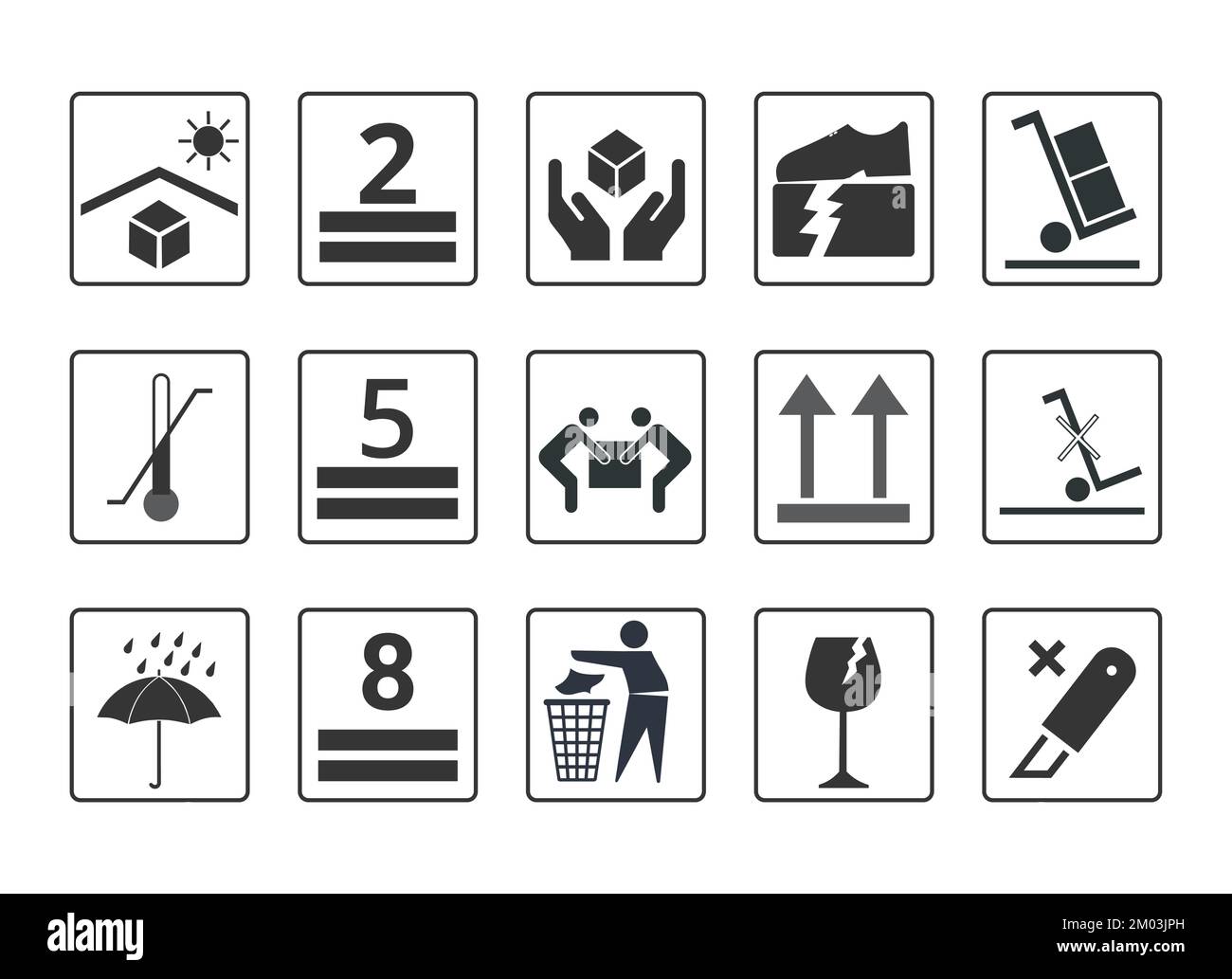 Set di simboli di imballaggio. Concetto di ecologia e confezionamento. Illustrazione Vettoriale