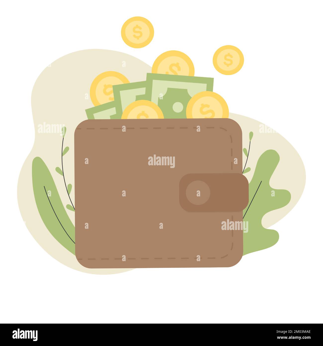 Portafoglio marrone con carta verde e monete d'oro. Concetto di pagamento online. Finanza, investimenti, risparmio di denaro. Semplice oggetto carino cartone animato trendy Illustrazione Vettoriale