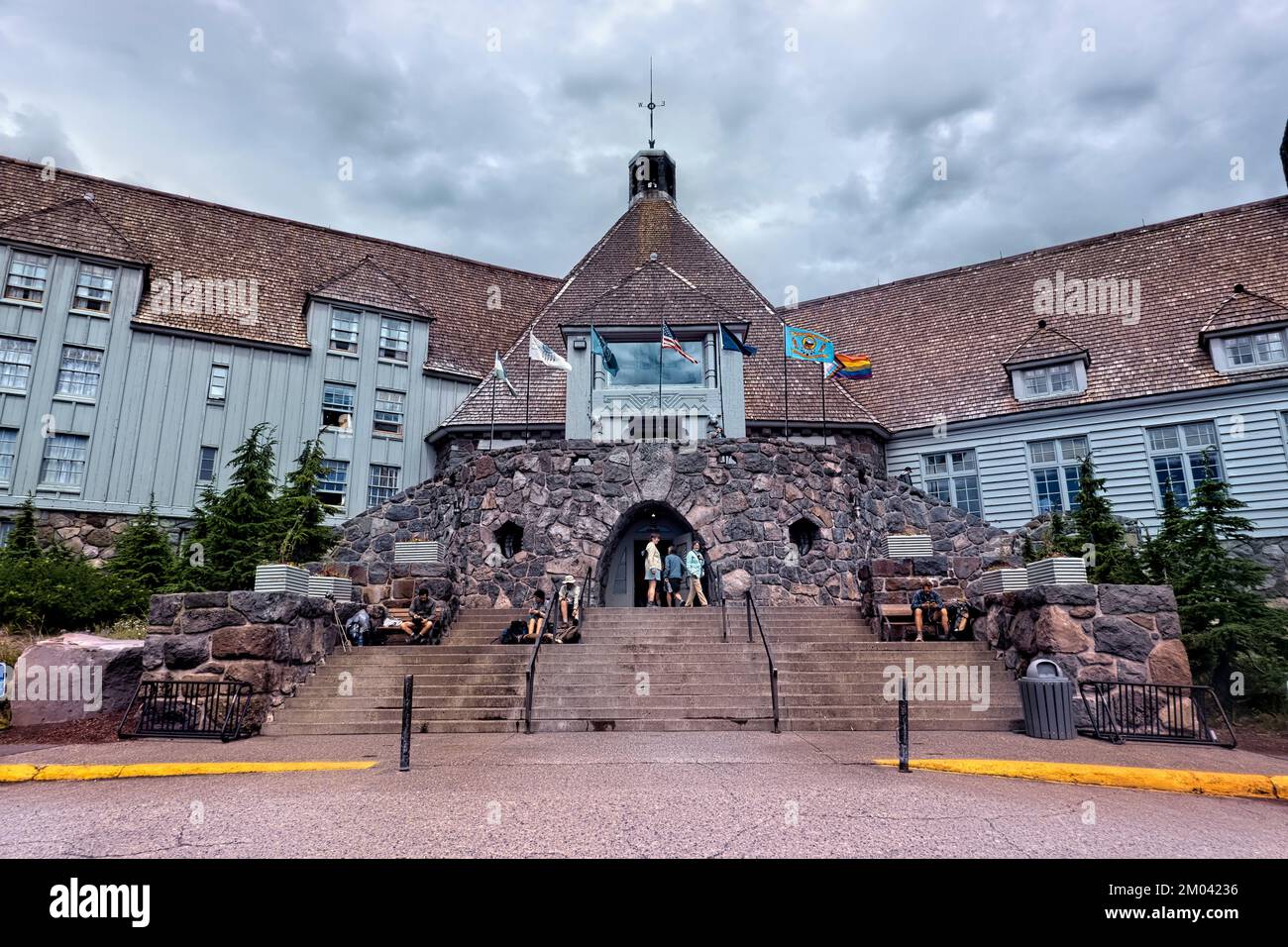 Vista del Timberline Lodge, Mount Hood, Oregon, Stati Uniti Foto Stock
