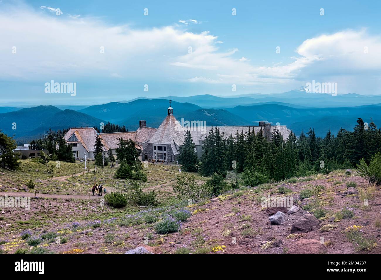 Vista del Timberline Lodge, Mount Hood, Oregon, Stati Uniti Foto Stock